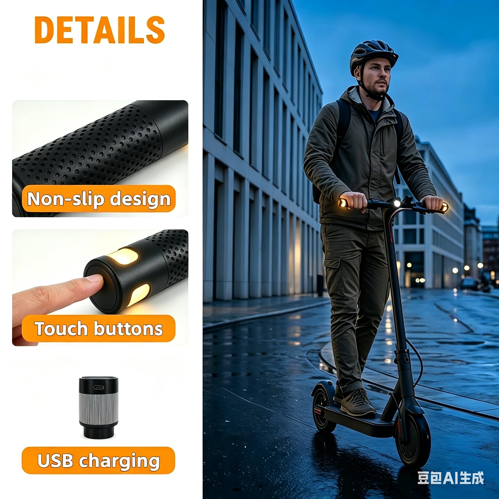 Fahrrad Lenkerlicht, Wiederaufladbares LED Licht für E-Bike & E-Scooter, Mehrfarbig Lenkerleuchte mit Mehreren Lichtmodi, USB-C Aufladbar, Passend für 22 mm Lenkergriff