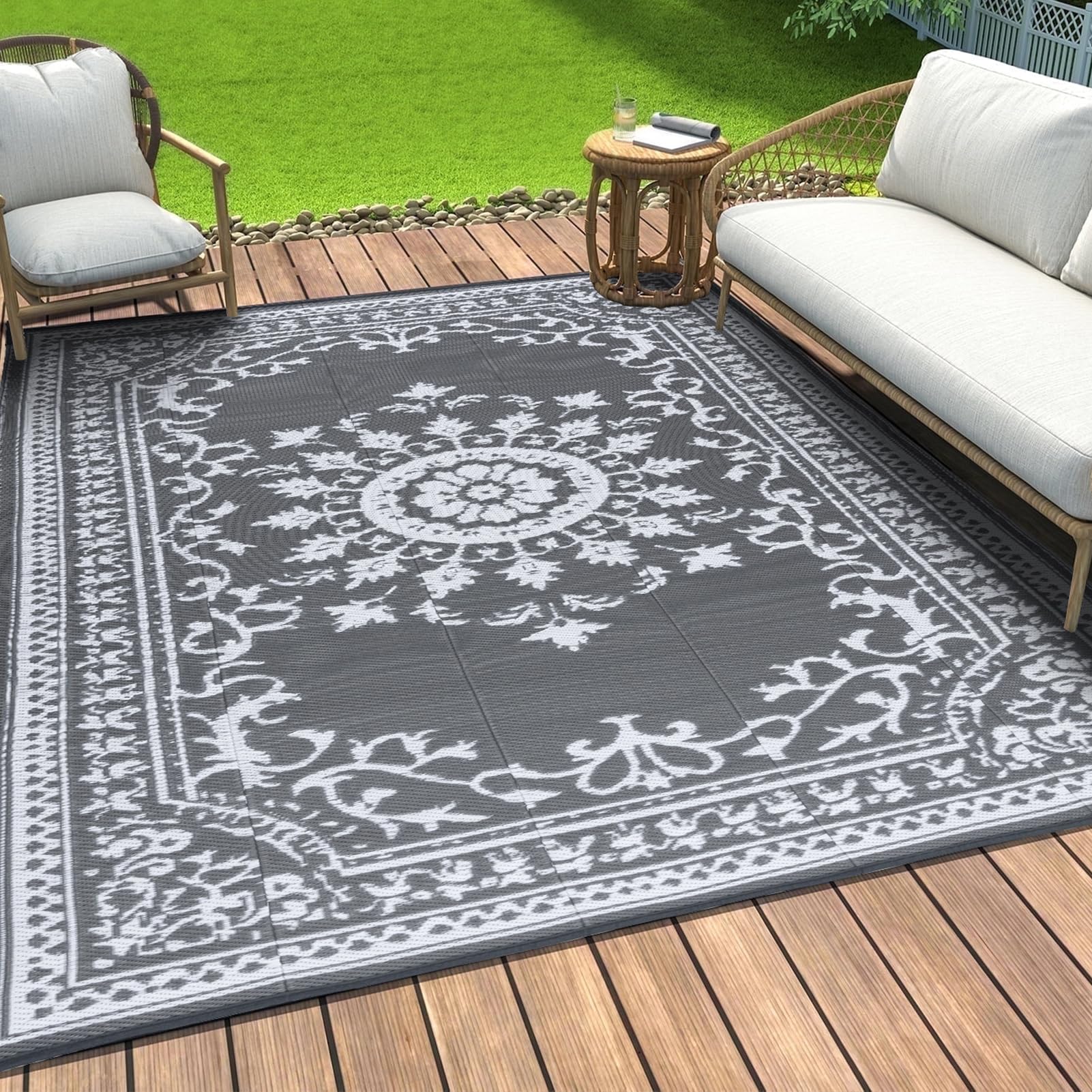 OMERAIOutdoor Rugs for Garden Patios Reversible Recycled Plastic Camping  Vintage Grey Rug 150X240CM Outdoor Mats for Garden Weather UV Resistant
