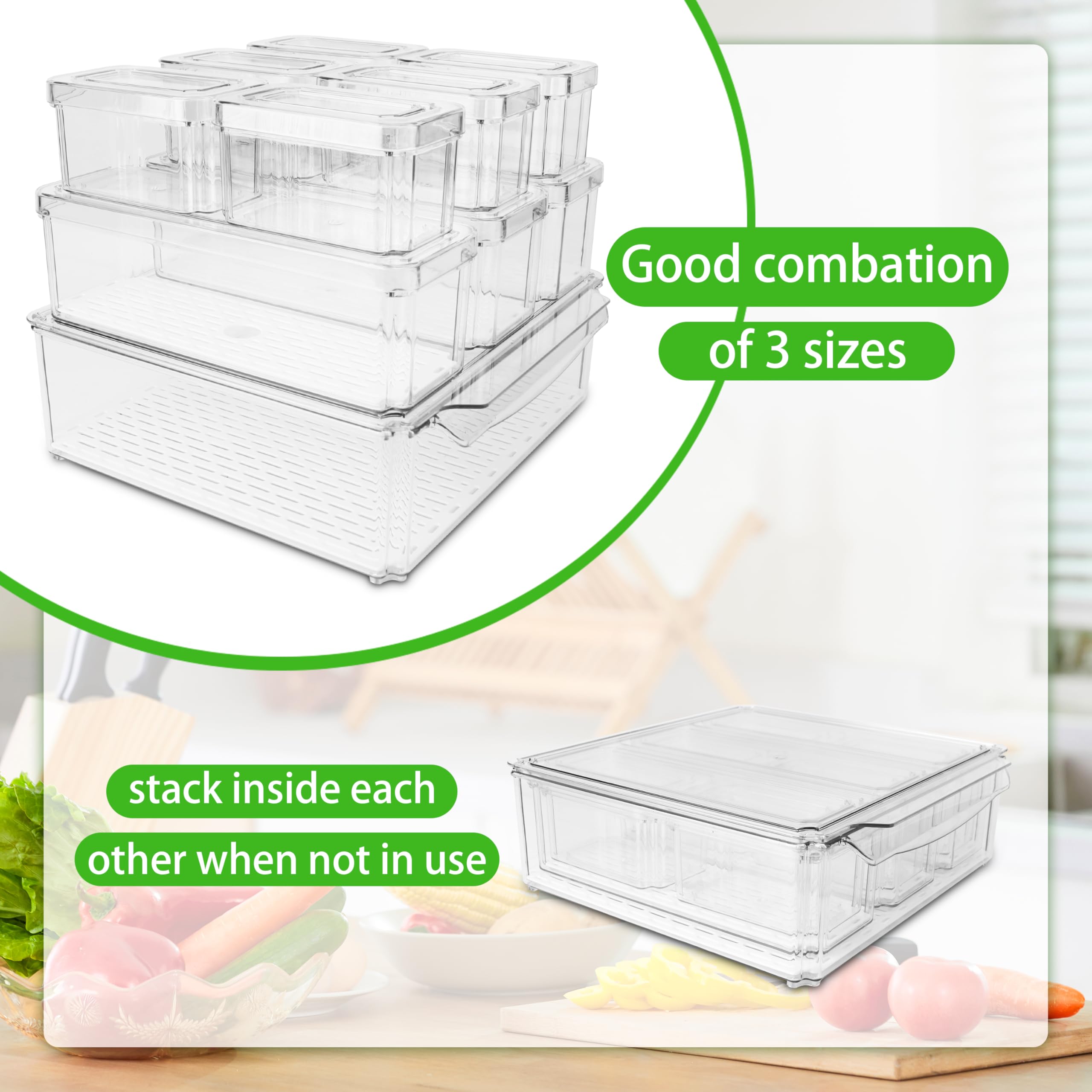 10 Stück kühlschrank Organizer, Stapelbare Fridge Organizer mit Deckel, Space Savers Aufbewahrungsbox Kühlschrank, Kühlschrank Organizer küche für Lebensmittel, Obst und Gemüse Aufbewahrung