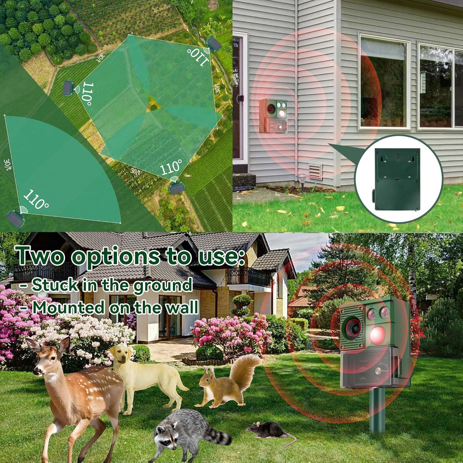 XIAXIA 2X Solar Ultrasónico Repelente para Gatos,Repelente Ultrasónico Animales Solar y USB,Ultrasónico Ahuyentador para Perros Ratones con LED Que Destella/Pare Gatos/Ratas/Perros