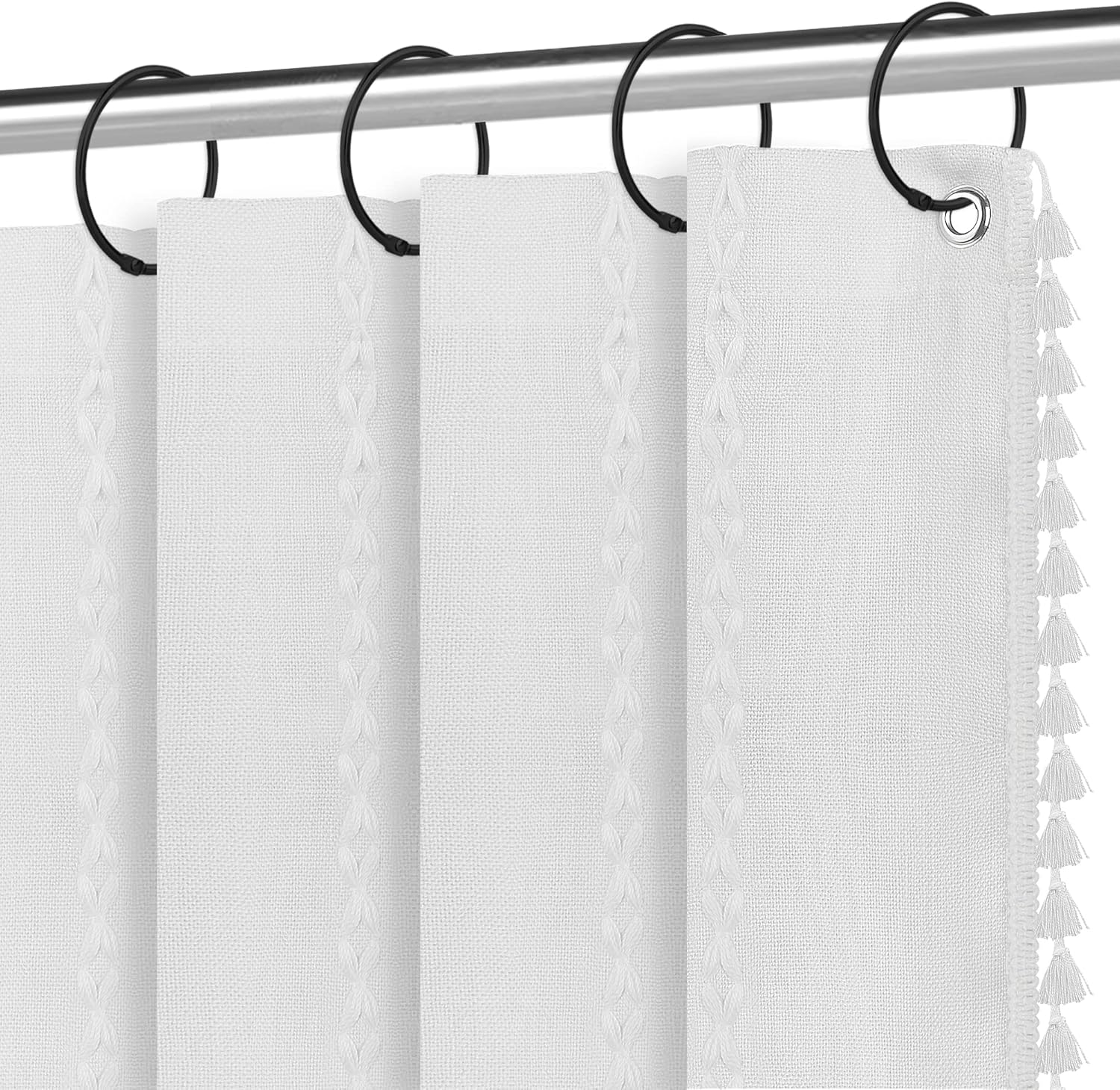 White Linen Shower Curtain with Tassels, Boho Farmhouse