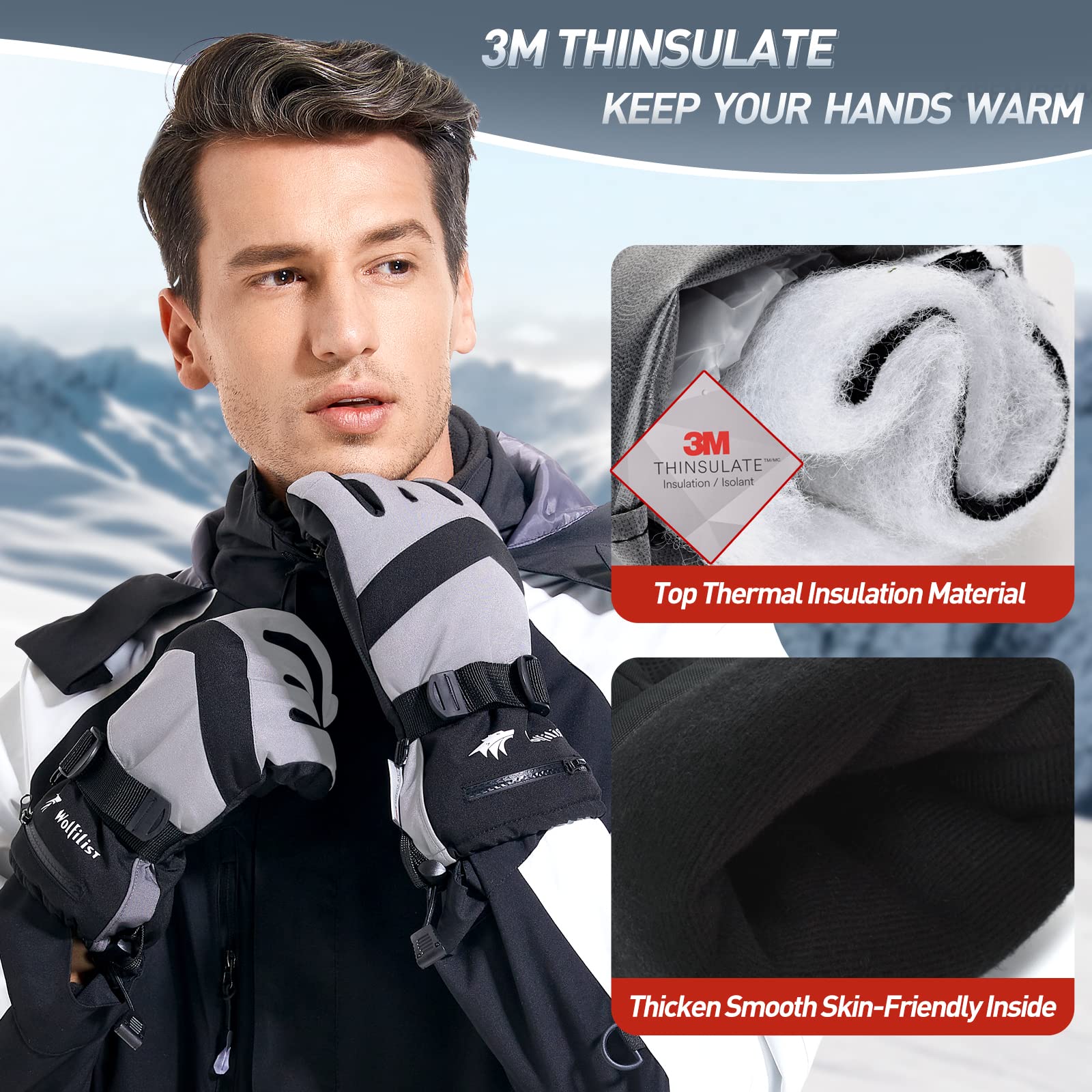 WOLFILIST Guanti da sci impermeabili antivento – 3M Thinsulate Guanti da neve caldi isolati, guanti da snowboard con tasca con cerniera, guanti invernali per touchscreen per uomo e donna