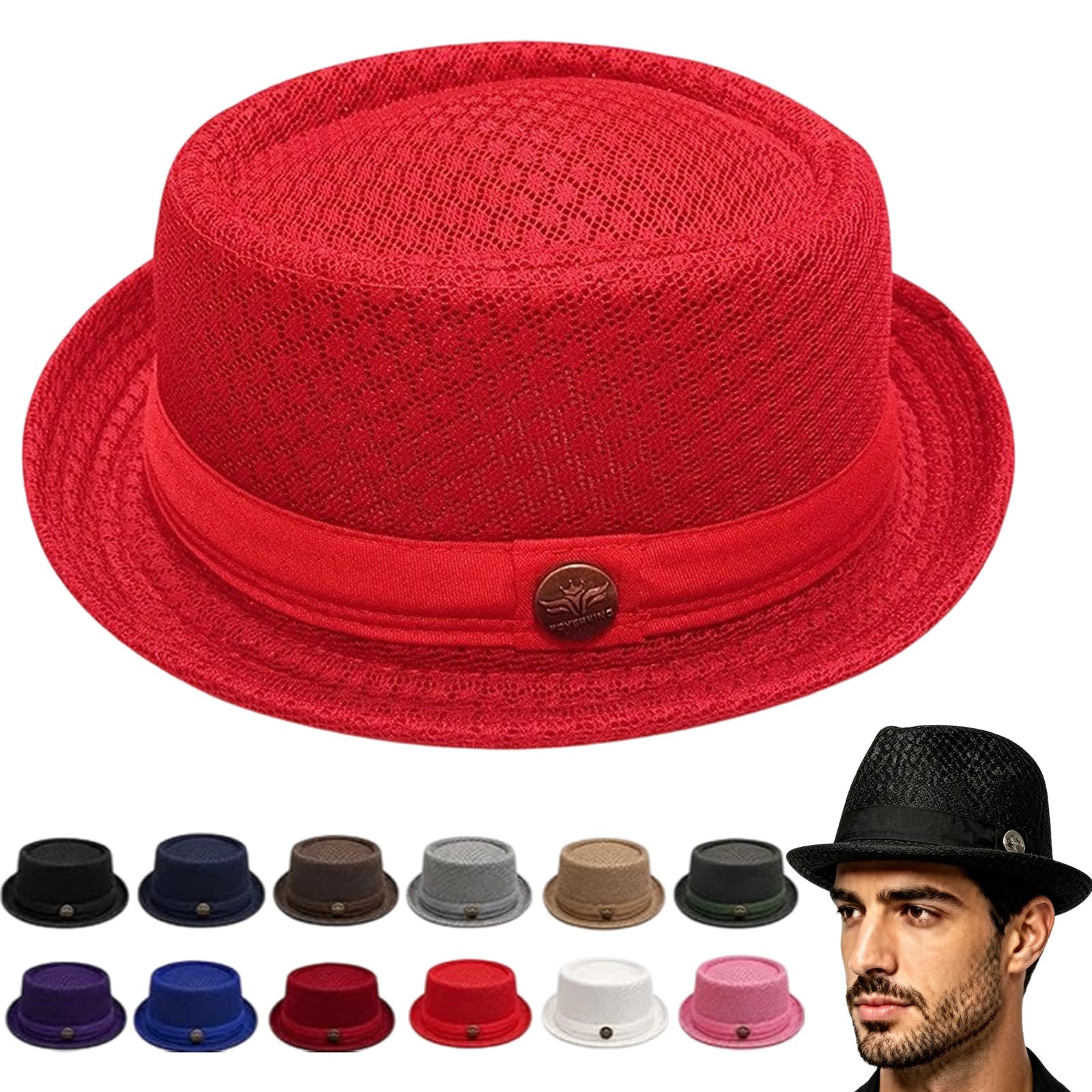 mondpfote Summer Breathable Mesh Pork Pie Hat, Men's Breathable Short Brim Fedora Cap, Classic Bowler Hat for Travel Party (Bright red)