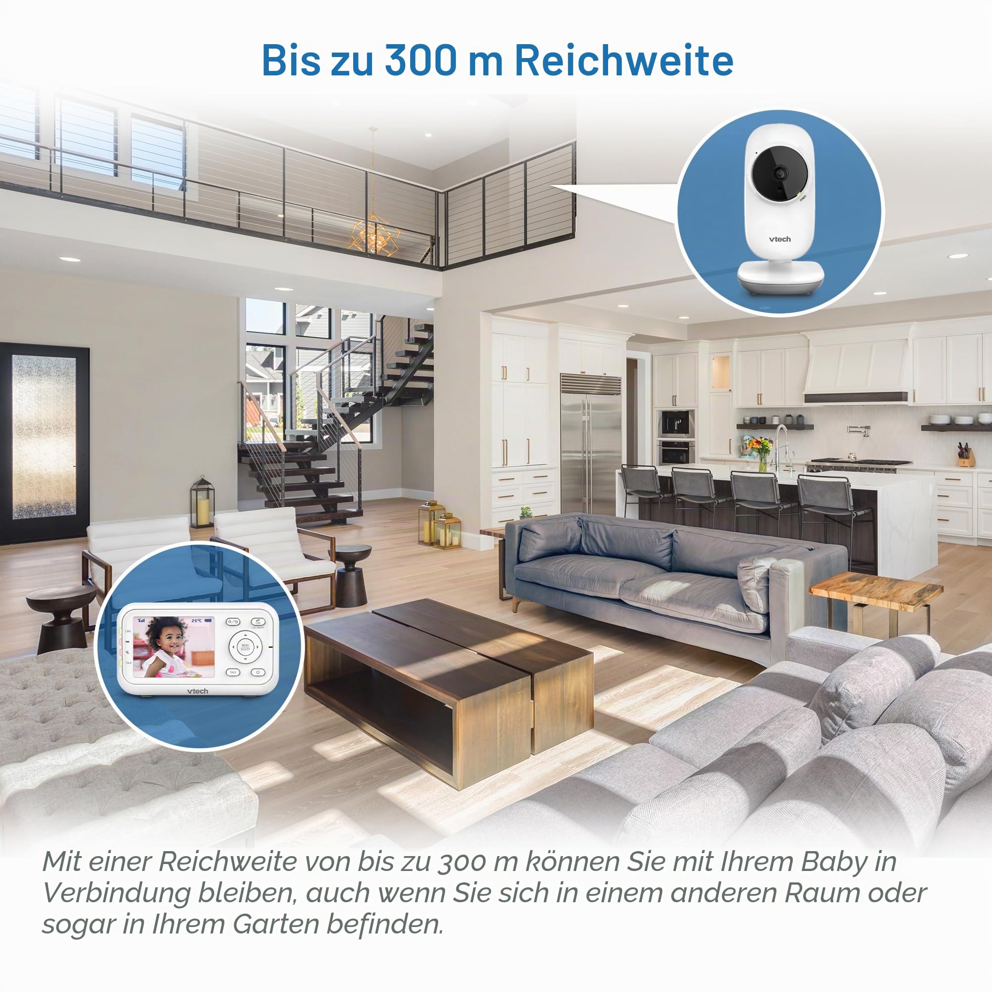VTech VM3250 Video-Babyphone mit Kamera, 300 m Lange Reichweite, Babyphone mit 7,1 cm LCD-Bildschirm, bis zu 19 Stunden Video-Streaming, Nachtsicht, sichere Übertragung, Temperatursensor, beruhigende