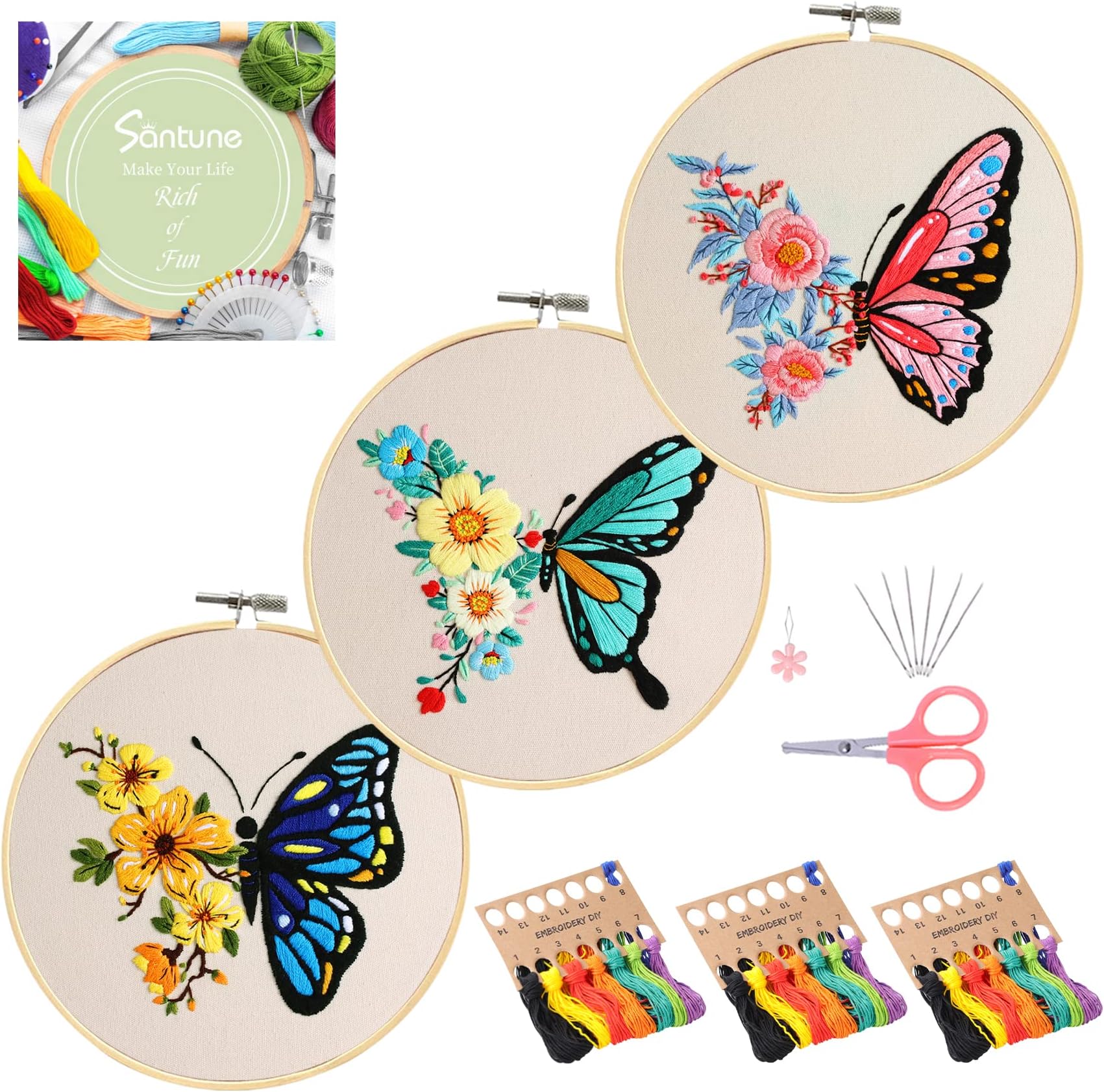 Santune 3 Pack Embroidery Kit for Beginners Adults Cross Stitch Kits with Butterfly Patterns and Instructions,DIY Hand Crafts with 1 Hoop,Threads and 6 Needles