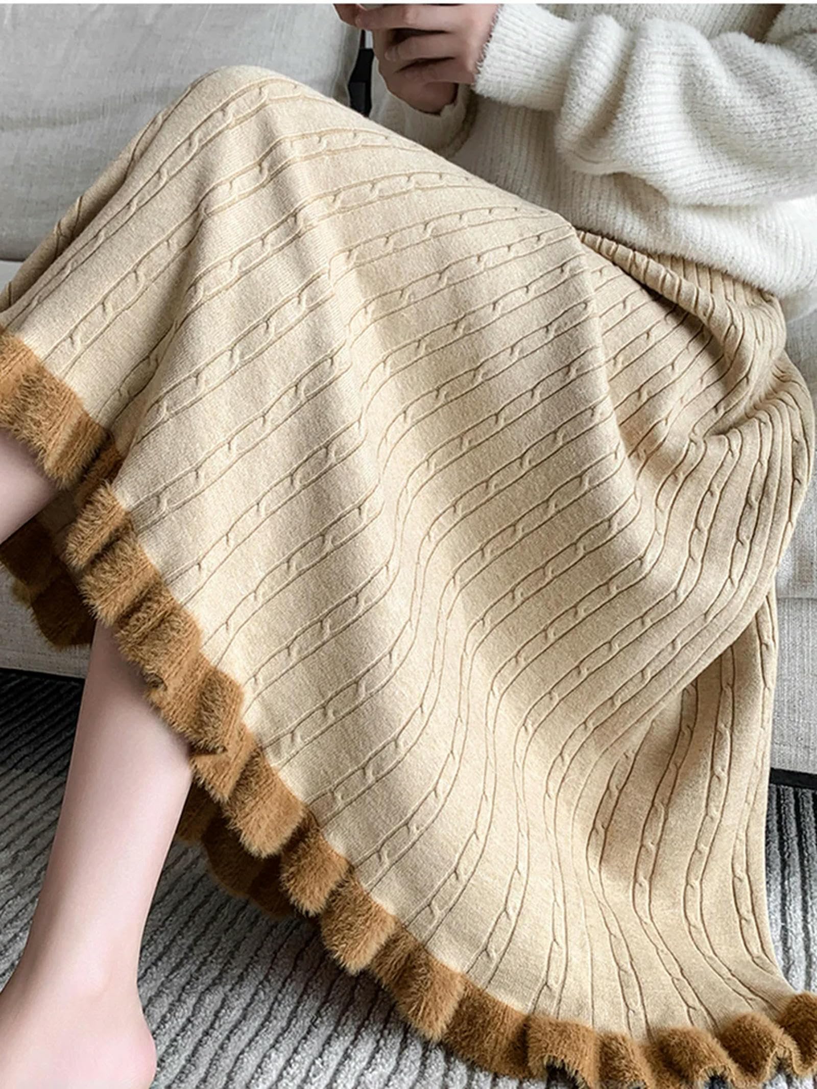 MdybF Czarna spódnica dzianinowa długa spódnica damska zimowa ciepła spódnica midi elegancka na co dzień moda wysoka talia spódnica o linii A