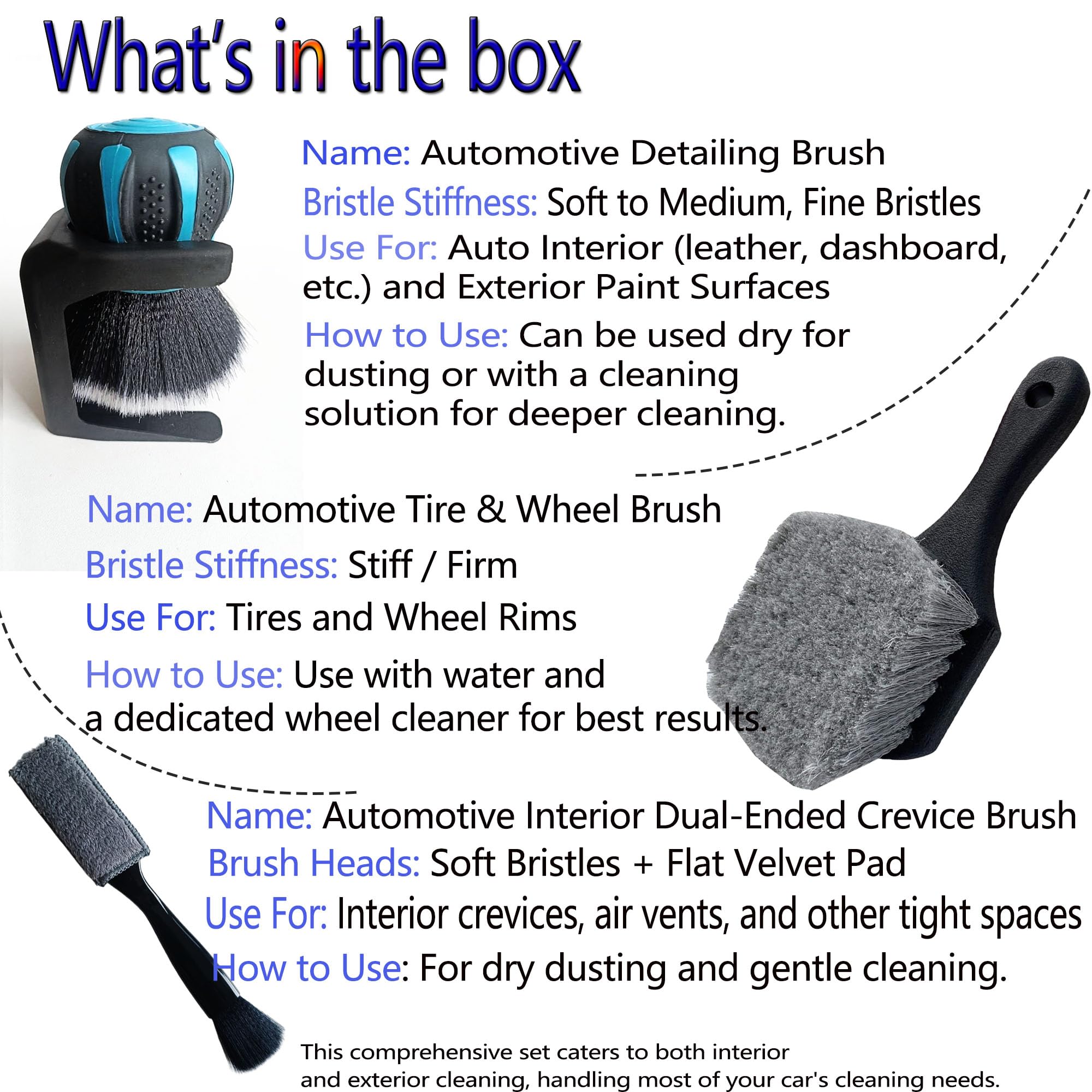 Professionelles Auto-Detail-Pinsel-Set – weiche Borsten, Leder-Armaturenbrettbürste, Dual-End-Entlüftungs- und Fugendüse, langer Griff, Reifenreinigungsbürste für Auto-Detailing, Autowasch-Set