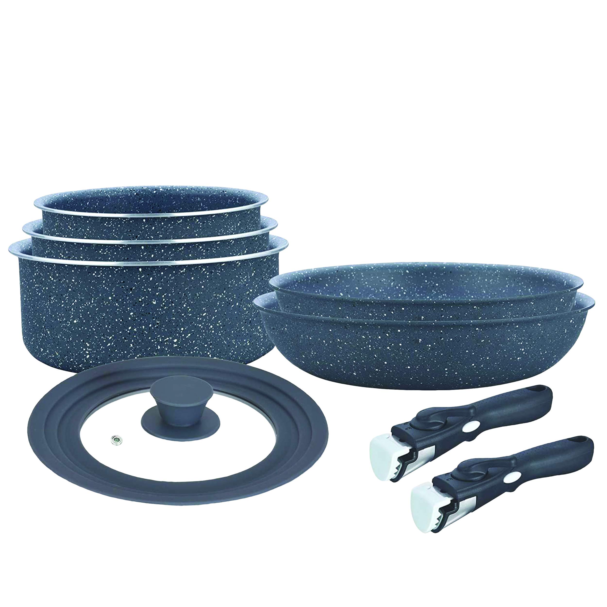 8-piece Non-stick Sauce Pan and Fry Pan with Universal Silicone Lid and Detachable Handles (Marble)