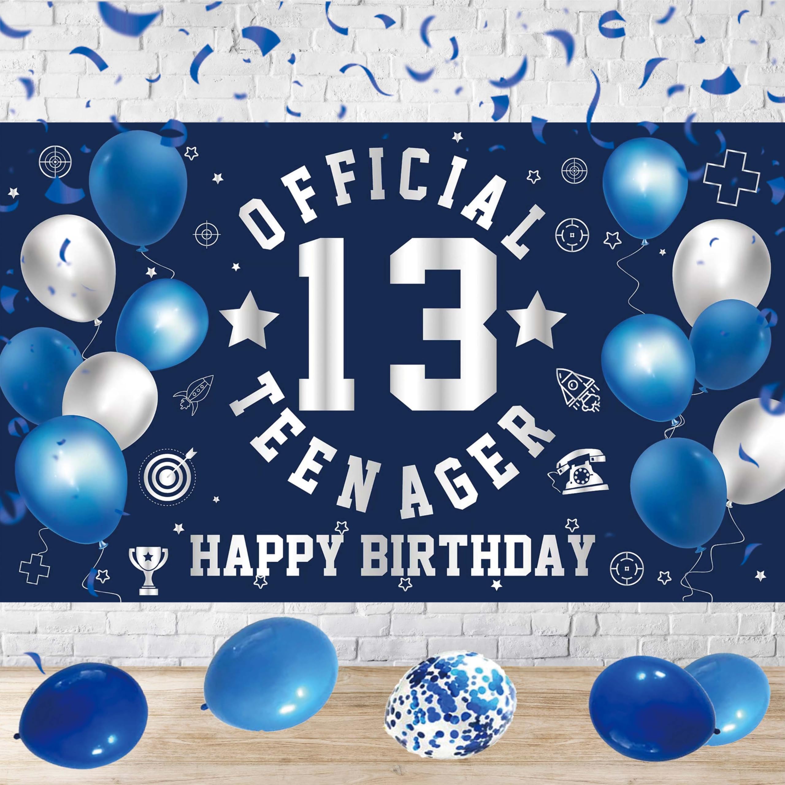 Jollyboom 13e verjaardag decoraties blauw voor jongens en meisjes, Happy 13e verjaardag achtergrond banner, vlaggenbanner, 16 stuks 30,5 cm latex ballonnen, 1 stuk 81 cm, nummer 13 folieballon