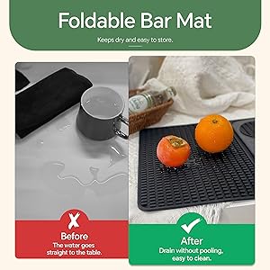 Bar Mat, Bar Accessories, Multifunctional Folding Cocktail Mat with Cutting Board, 18" X 12"(Black) Drying Mats,Bar Mat for Countertop,Bar Decorations for Home, Outdoor Bar Accessories,Travel