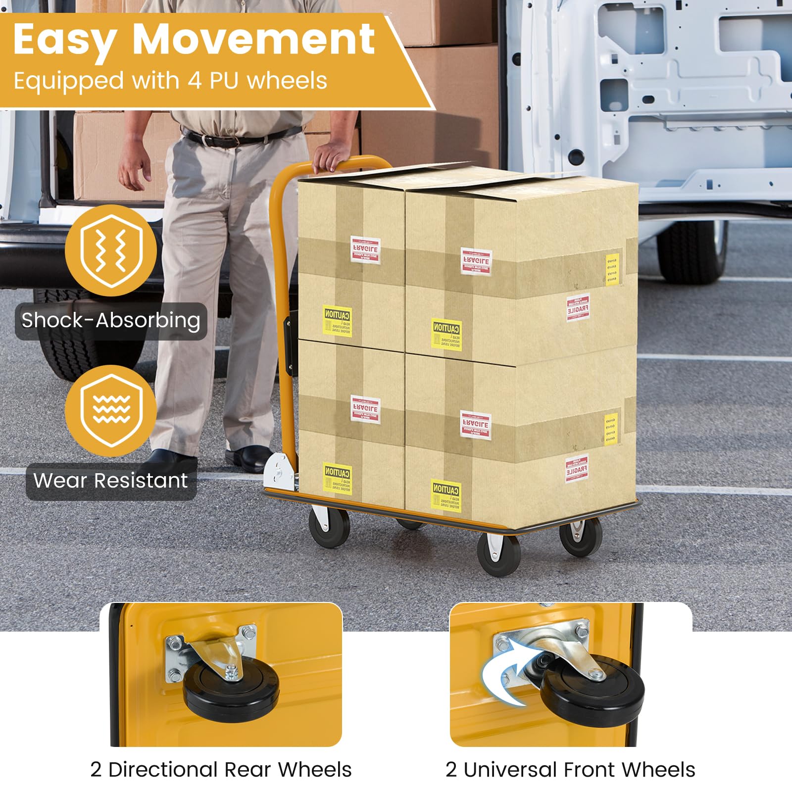 SOARS Carro de Plataforma, Carro Plegable con Rueda, Capacidad 150 KG, con Plataforma Antideslizante, 4 Ruedas, para Transporte, Manejo y Demenagement, 73 X 48 X 83 CM (Negro+Amarillo)