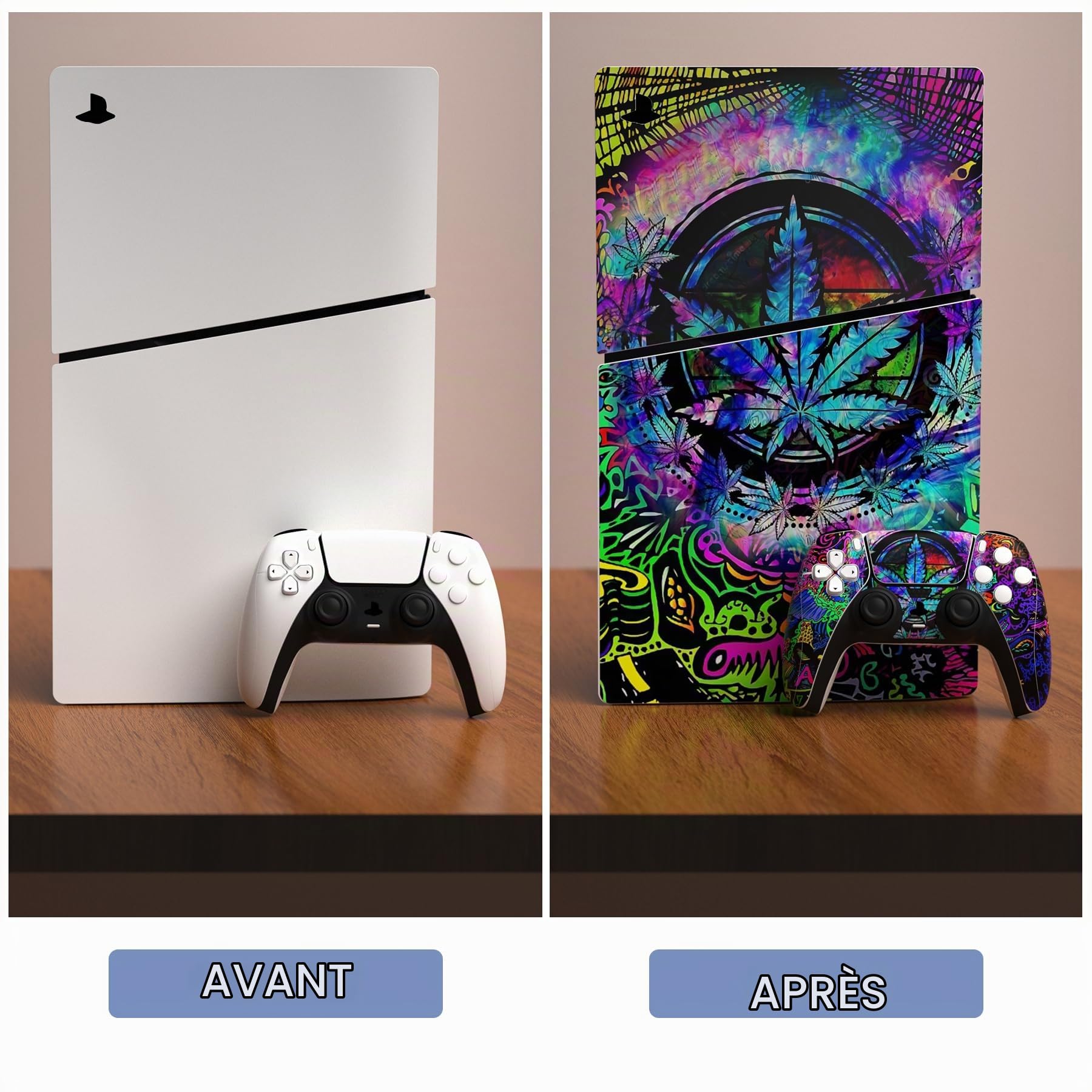 playvital Autocollant Protection pour ps5 Slim Standard Console, Sticker Skin pour ps5 Manette & Télécommande & Casque & Station de Charge,Disc Edition-Feuille Psychédélique