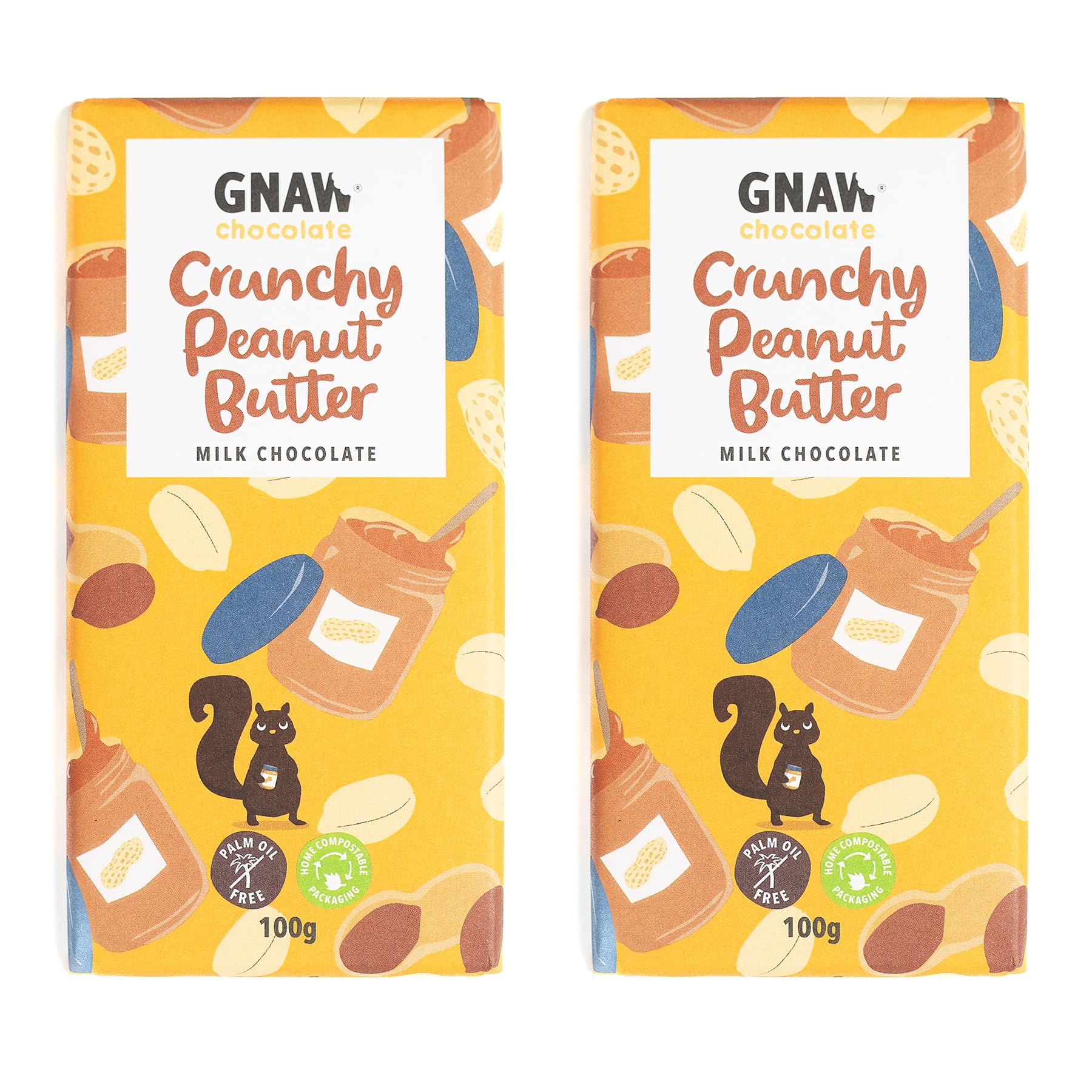 GnawMilk Chocolate Bar 100g - Crunchy Peanut Butter Flavor - Chocolate Gift Idea for Any Occasion - Made with Colombian Beans - 2 Pack Chocolate Bars to Enjoy Together