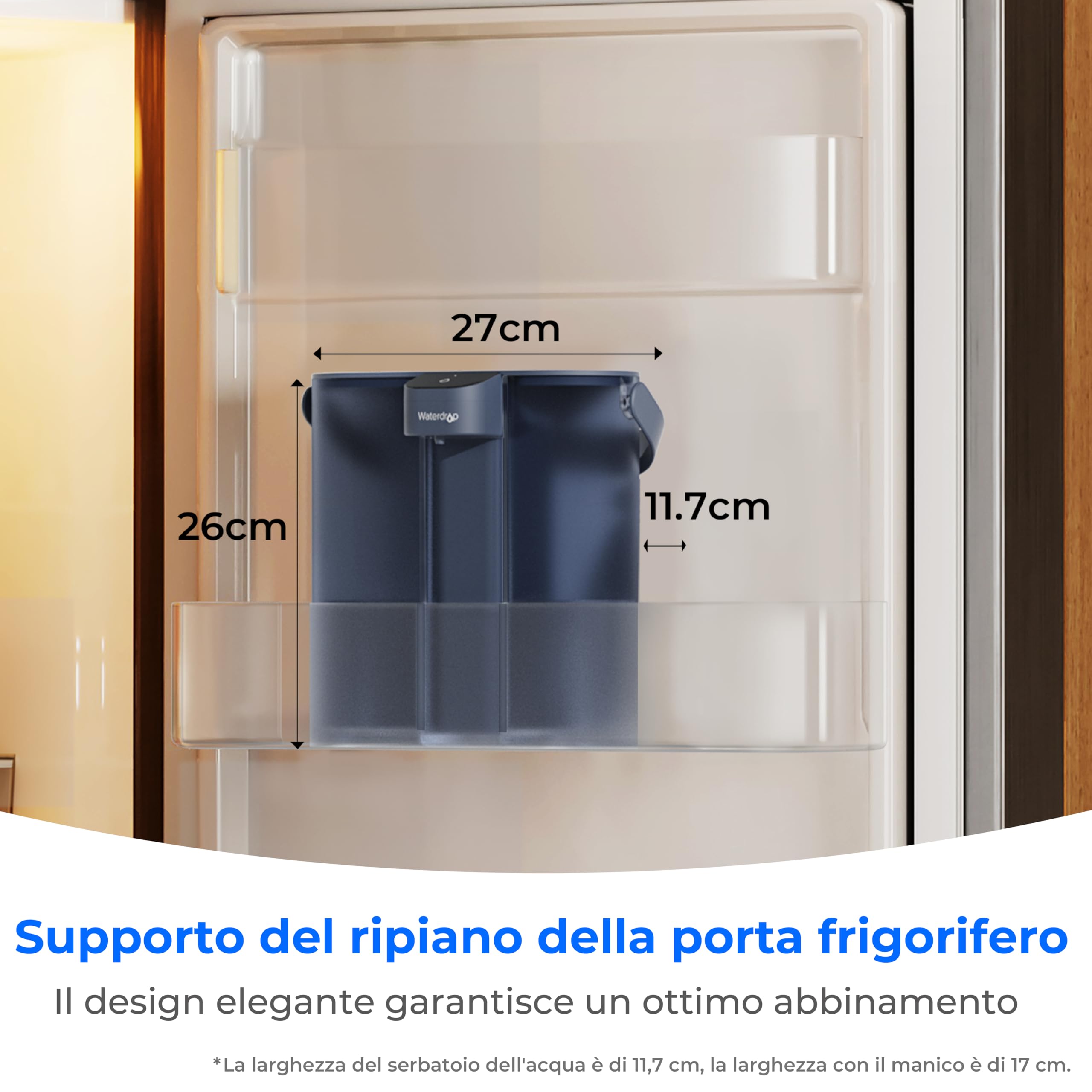 Waterdrop Caraffa Filtrante per Frigorifero Elettrico Istantaneo con Filtro 3 Mesi, Sistema di Filtraggio dell'Acqua da Banco, Riduce Cloro, Piombo, Mercurio, Riduce PFAS, 757 Litri, Blu