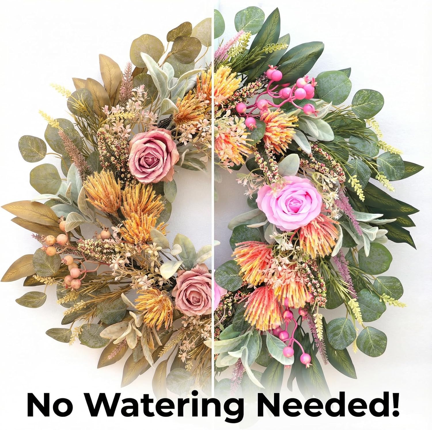 24 Inch Spring Rose Wreath Handmade Wreath for Front Door, with Eucalyptus Berries & Flocking Prote, Farmhouse Wreath for Home Indoor Outdoor Wall Festival Farmhouse Holiday Decor Year Round - Image 7