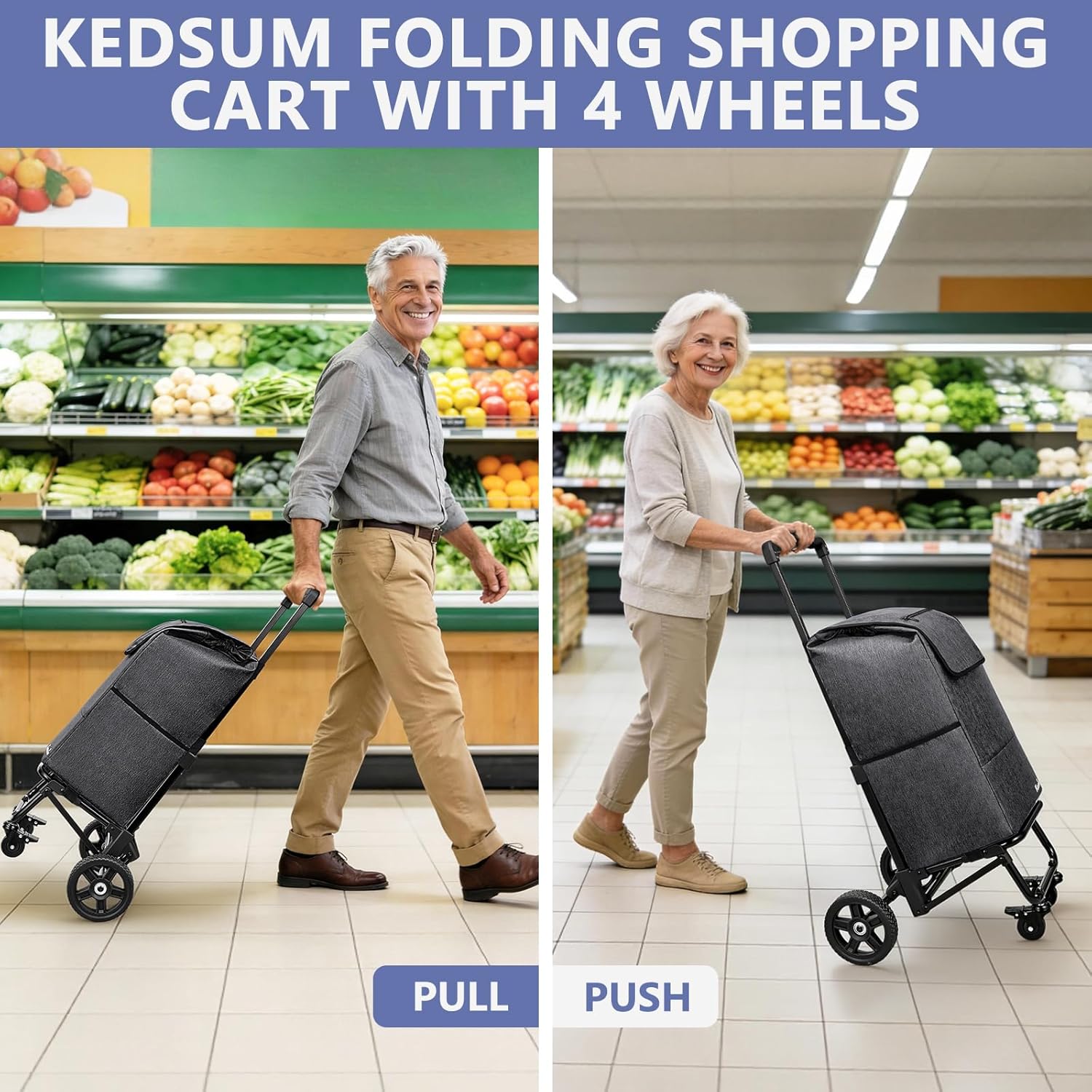KEDSUM 3 in 1 Shopping Cart with Wheels, 60L/250LBS Multi Use Grocery Cart with 7" Big Wheels & Removable Waterproof Bag, Personal Shopping Carts for Groceries, Telescoping Handle & Thickened Steel
