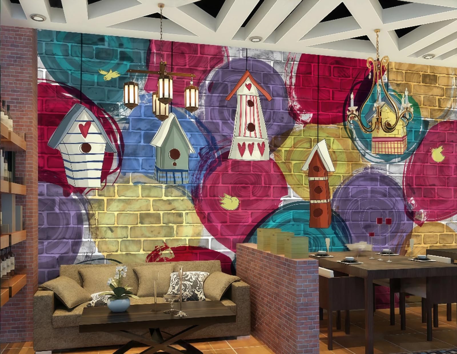 Rskjdghshd 3D Wallpaper Retro Colorful Brick Wall Graffiti Cartoon Small House Theme Drink Shop Western Restaurant Background Wall Mural Afternoon Tea Coffee Shop Wallpaper,,250X175cm