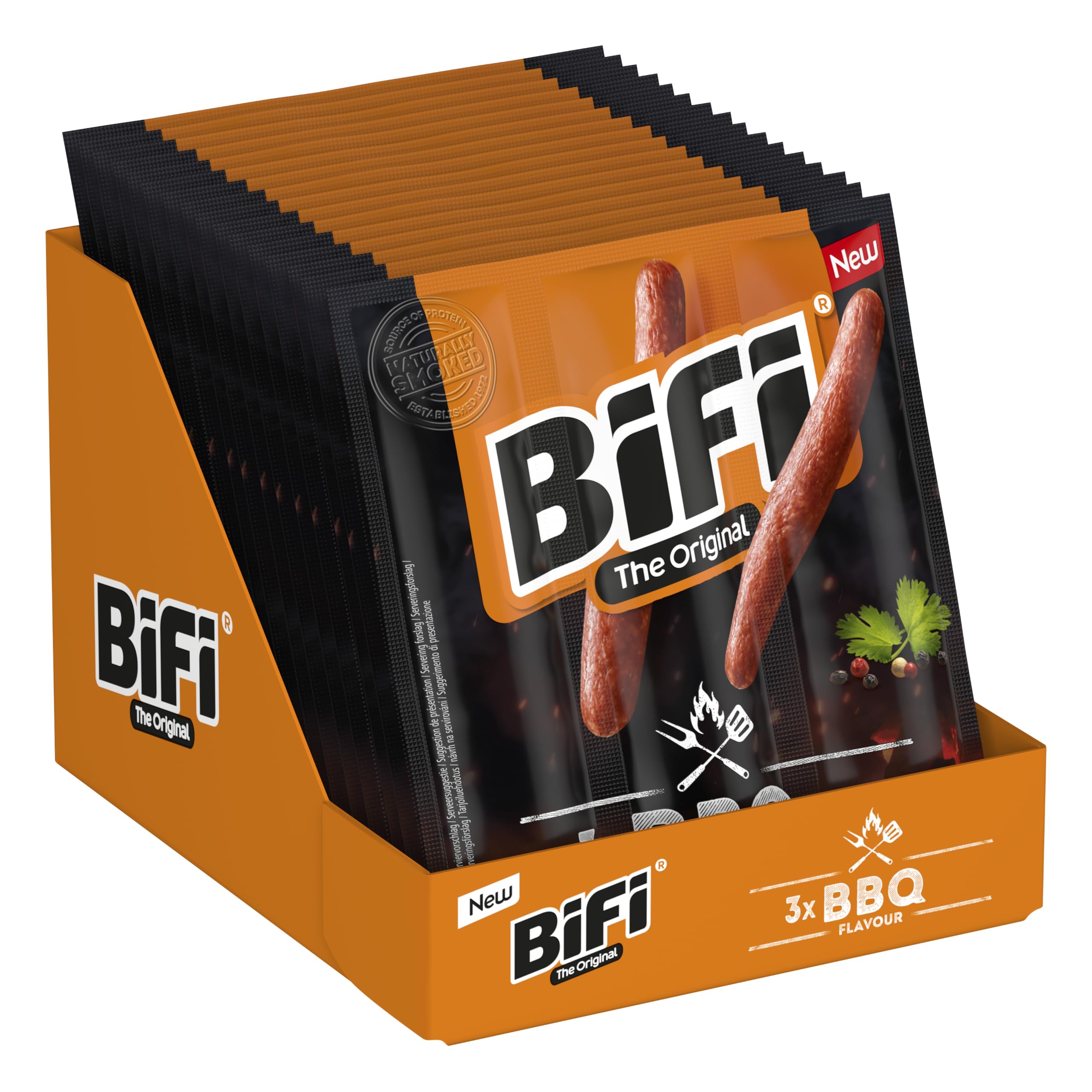 BiFi BBQ - 16er Pack (16 x 60g) - BBQ-Salami Sticks - Würziger Wurstsnack To Go - Geräuchert über Buchenholz - Optimal für unterwegs, im Büro oder nach dem Sport - mit rauchigem Barbecue-Geschmack