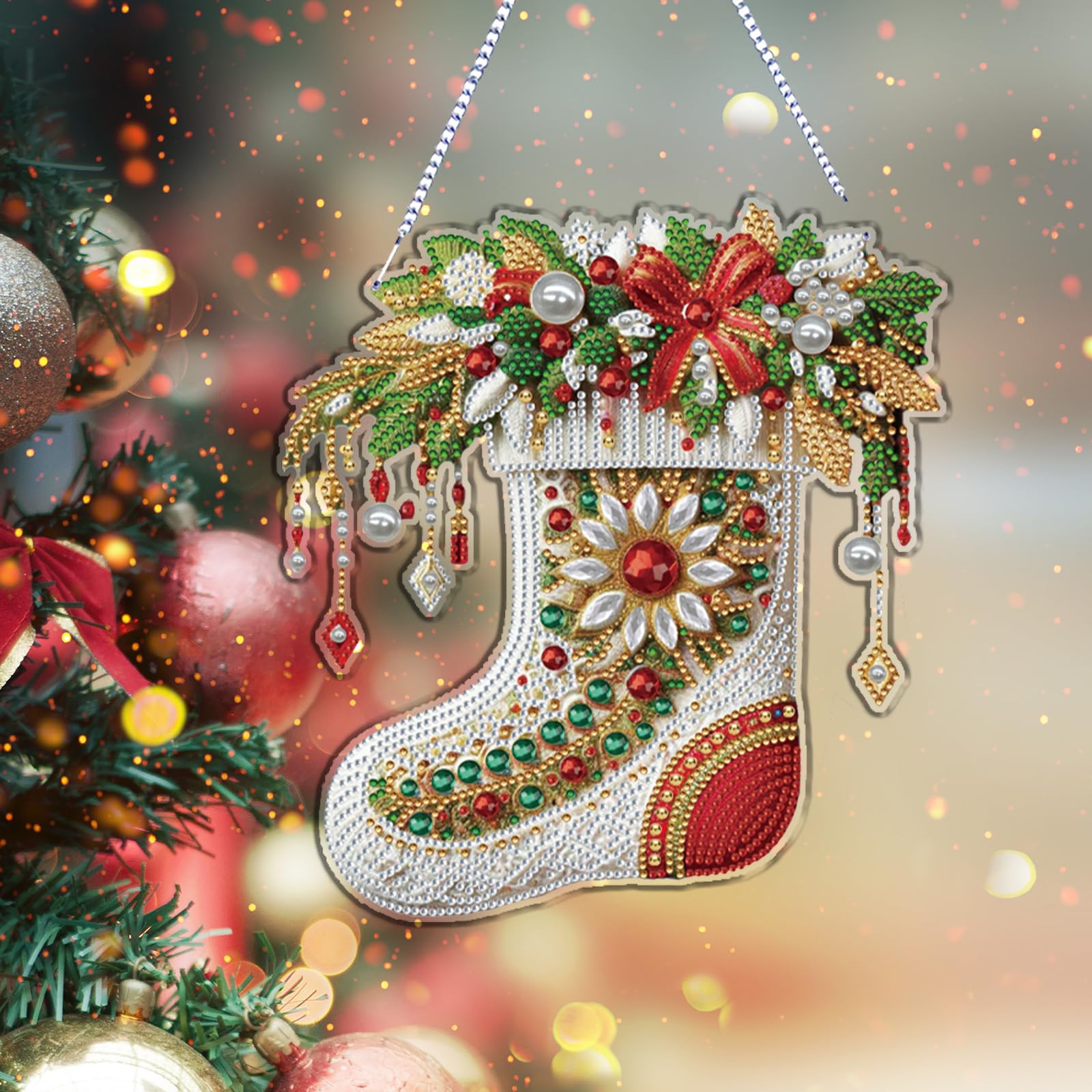 5er Set Diamantkunst-Hängesymbole für Erwachsene, Weihnachtsstrümpfe DIY Hänge-Schmuck mit Doppelter Kristall-Glitzerrhinestone-Artanhängern, Spezialform-Bohrungen für Heim- Bürodekoration
