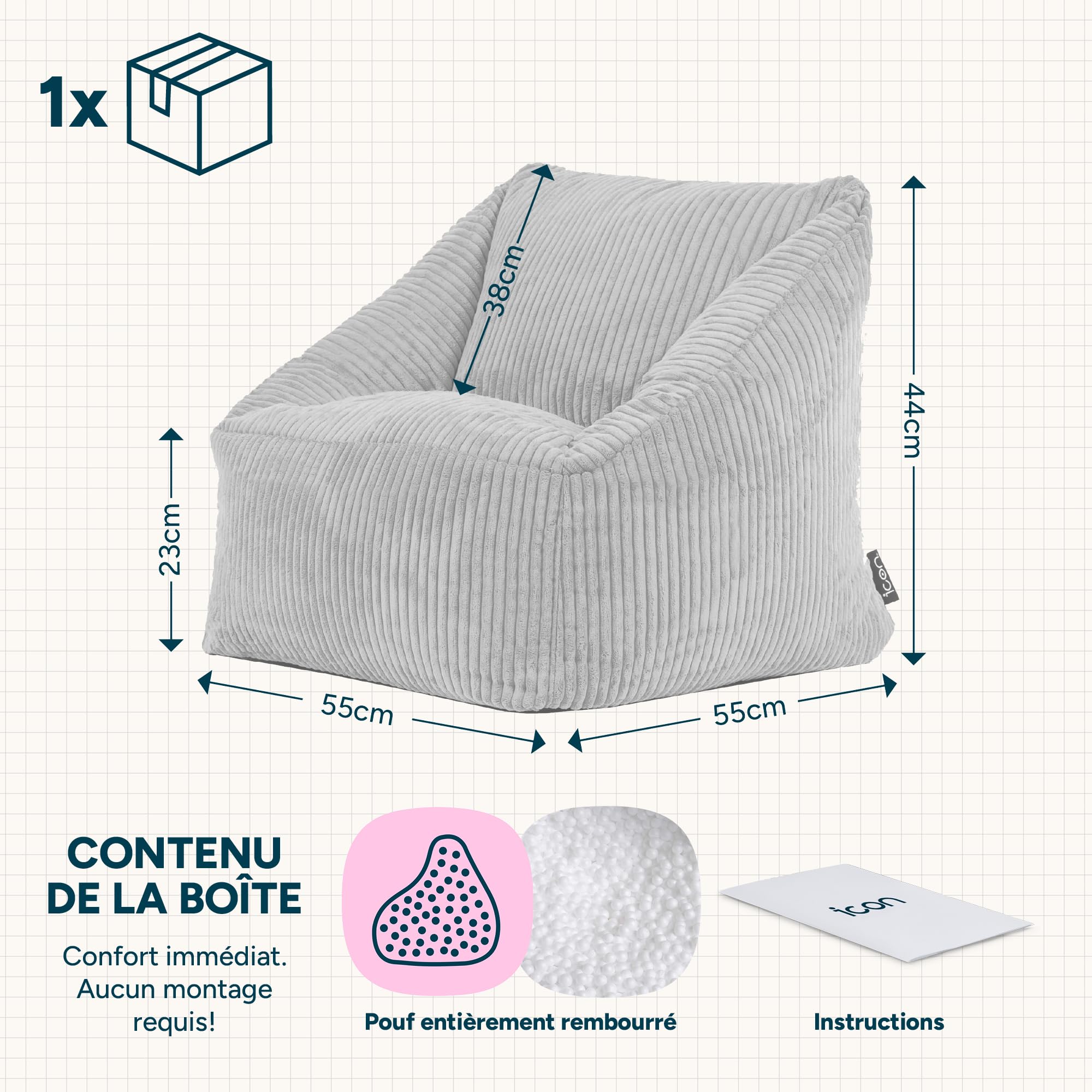 Icon Natalia Pouf Enfant, Velours Côtelé, pour Poire avec Remplissage, Chaise Enfant, Fauteuil Chambre, Meuble Chambre, Meuble Salon, Vert Sauge