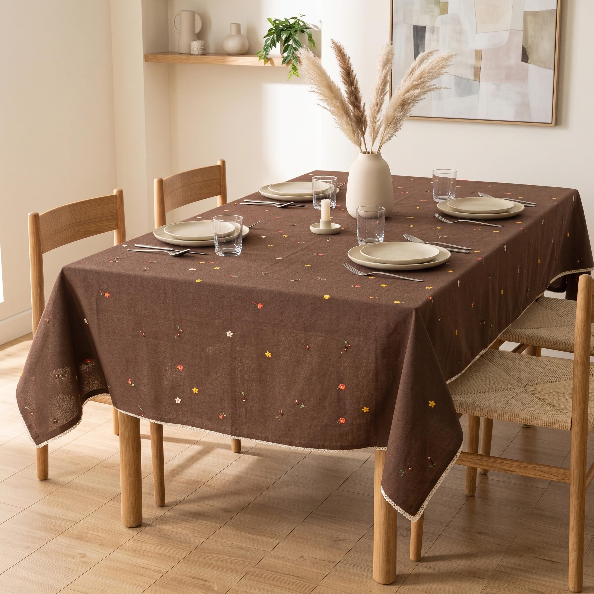 R home Brown Bloom Dusty 100% Cotton Table Cover, 56X90 Inch for 6–8 Seater Dining Table, Cocoa Brown Chintz Embroidery with Elegant Lace Border, Anti-Skid, Machine Washable, Premium Table Linen-picture-15