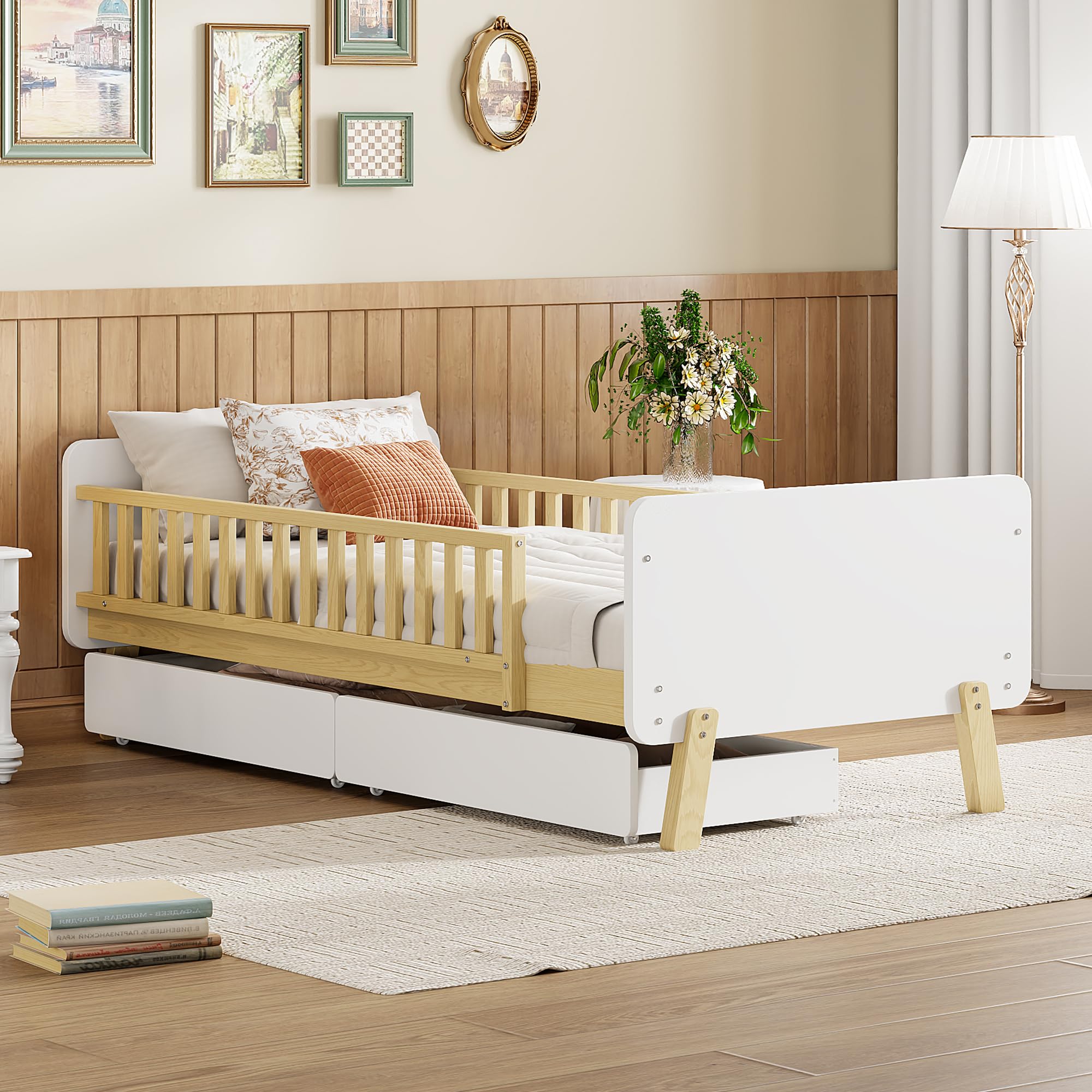 Lexiou Cama infantil 90 x 190 cm con 2 cajones, cama individual de madera maciza con somier (blanco)