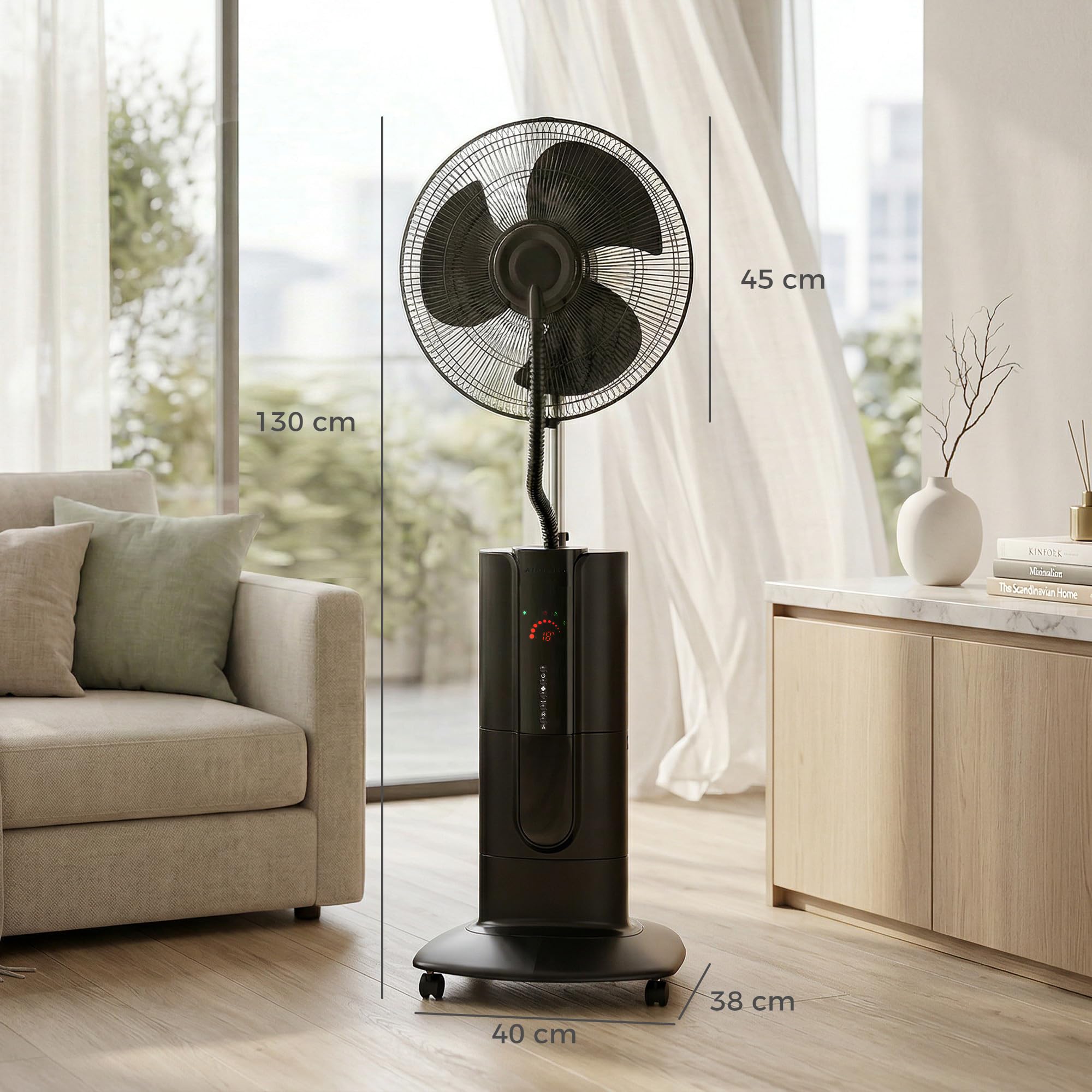 HOMCOM Ventilatore Nebulizzatore Serbatoio 1.5L, Ionizzatore, 3 Modalità, 3 Velocità, Ventilatore a Piantana, Ruote, Oscillazione 120° Inclinazione 20°, Timer 9h, Display LED, Telecomando, 100W, 130cm