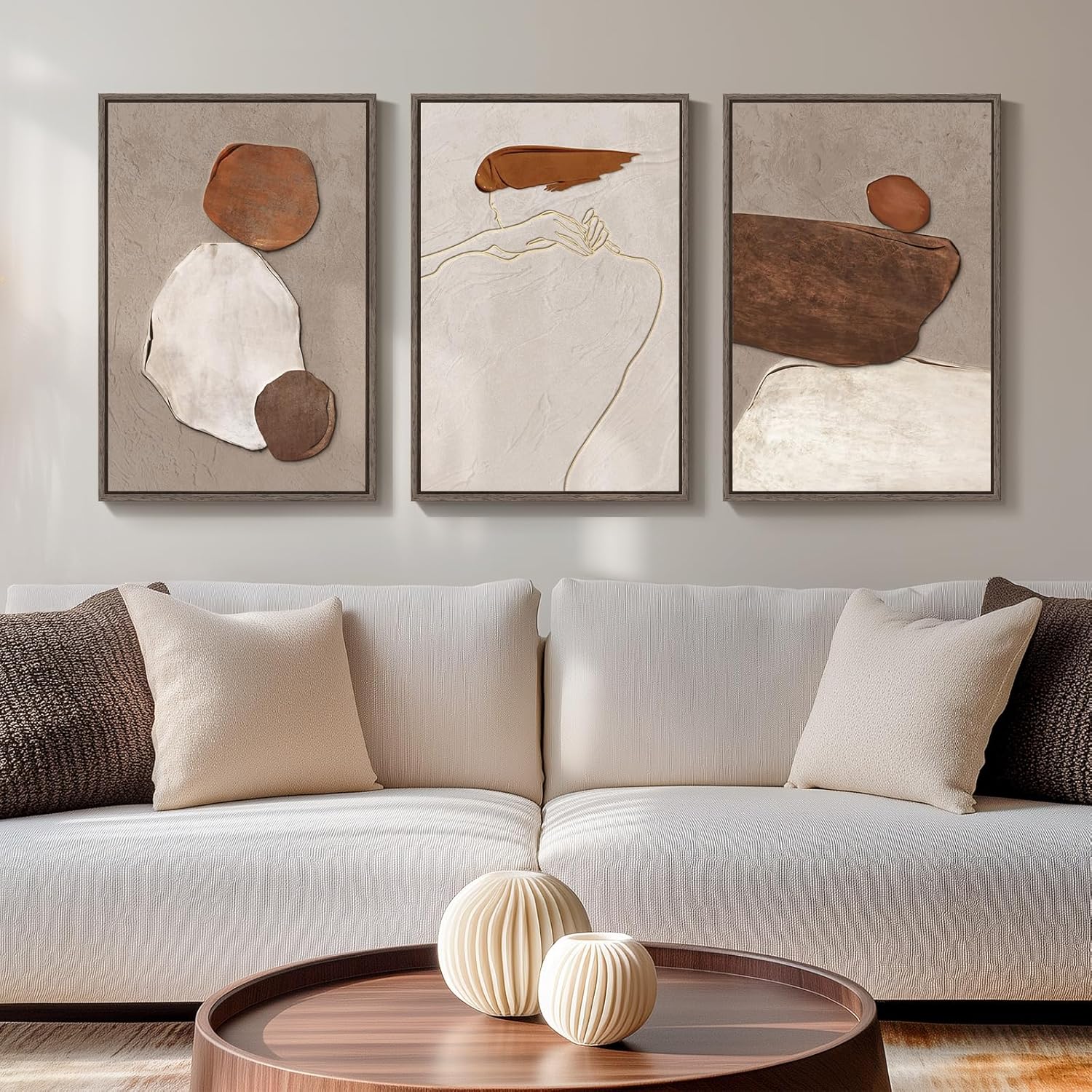 Framed Neutral Abstract Wall Art, 3 Piece Earth Tones Rustic Canvas Prints Paintings Artwork for Walls, Minimalist Abstract Stone Pictures for Living Room Dining Room Bedroom Wall Decor 16x24 Inch 16" W x 24" H x 3Pcs Earthy