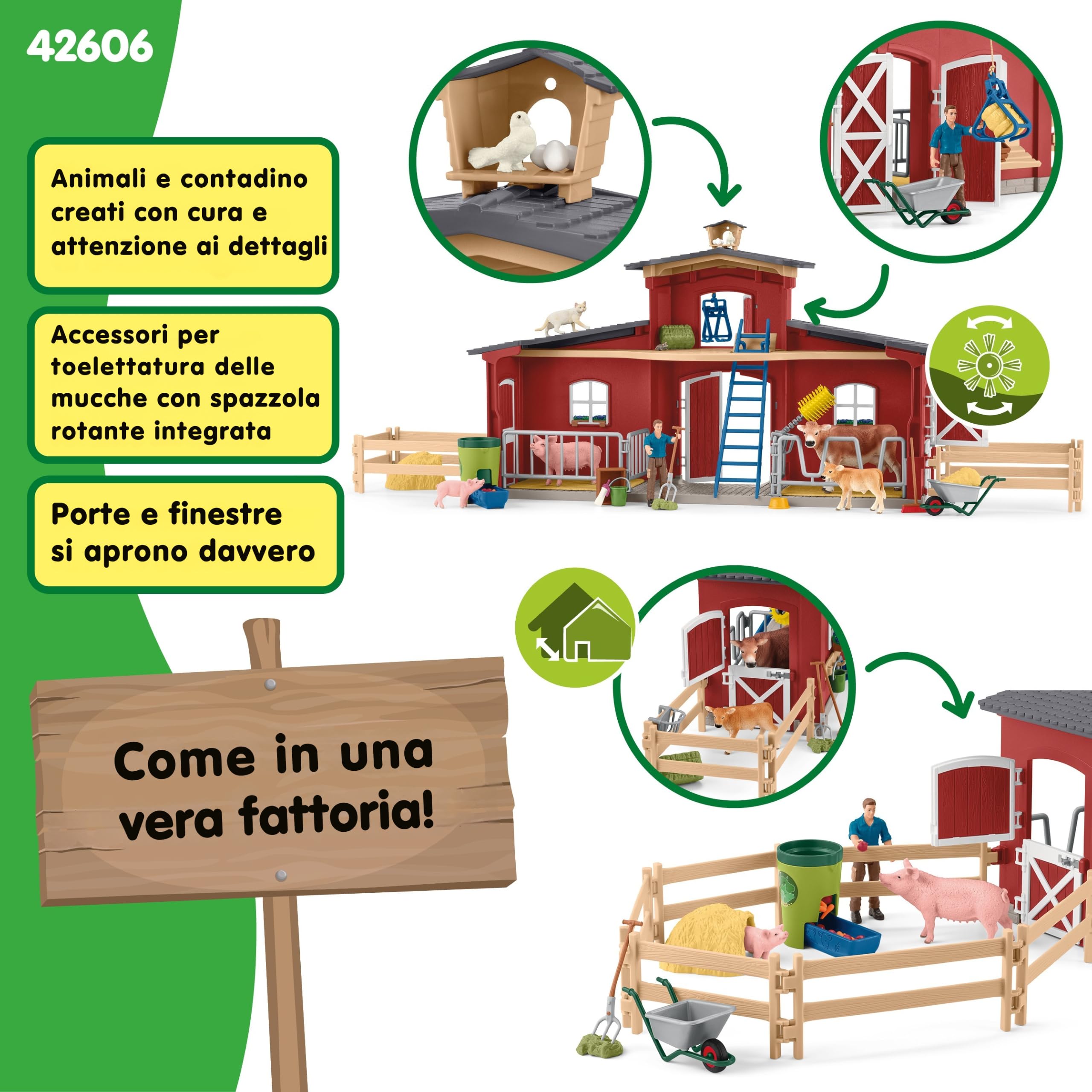 Schleich FARM WORLD | Grande fattoria rossa con casa colonica 42606 | Set con casa, contadino, mucca, maiale, gatto, topo e accessori | fattoria giocattolo per bambini dai 3 anni | 92 pezzi