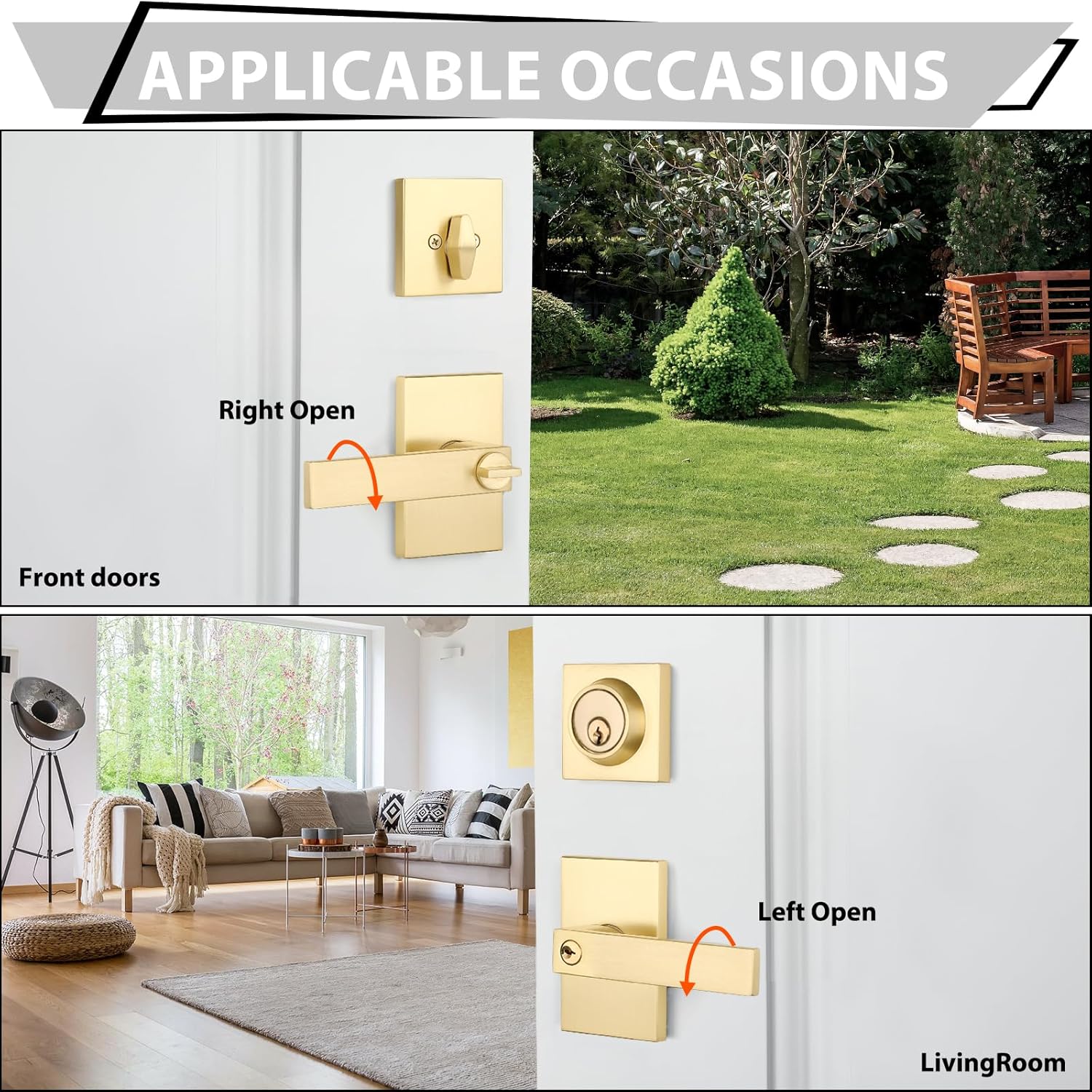 Haidms Gold Front Door Handle with Deadbolt, Exterior Door Lock Set and Deadbolt, Gold Entry Door Locksets Square Heavy Duty Zinc, Keyed Alike, 1 Pack