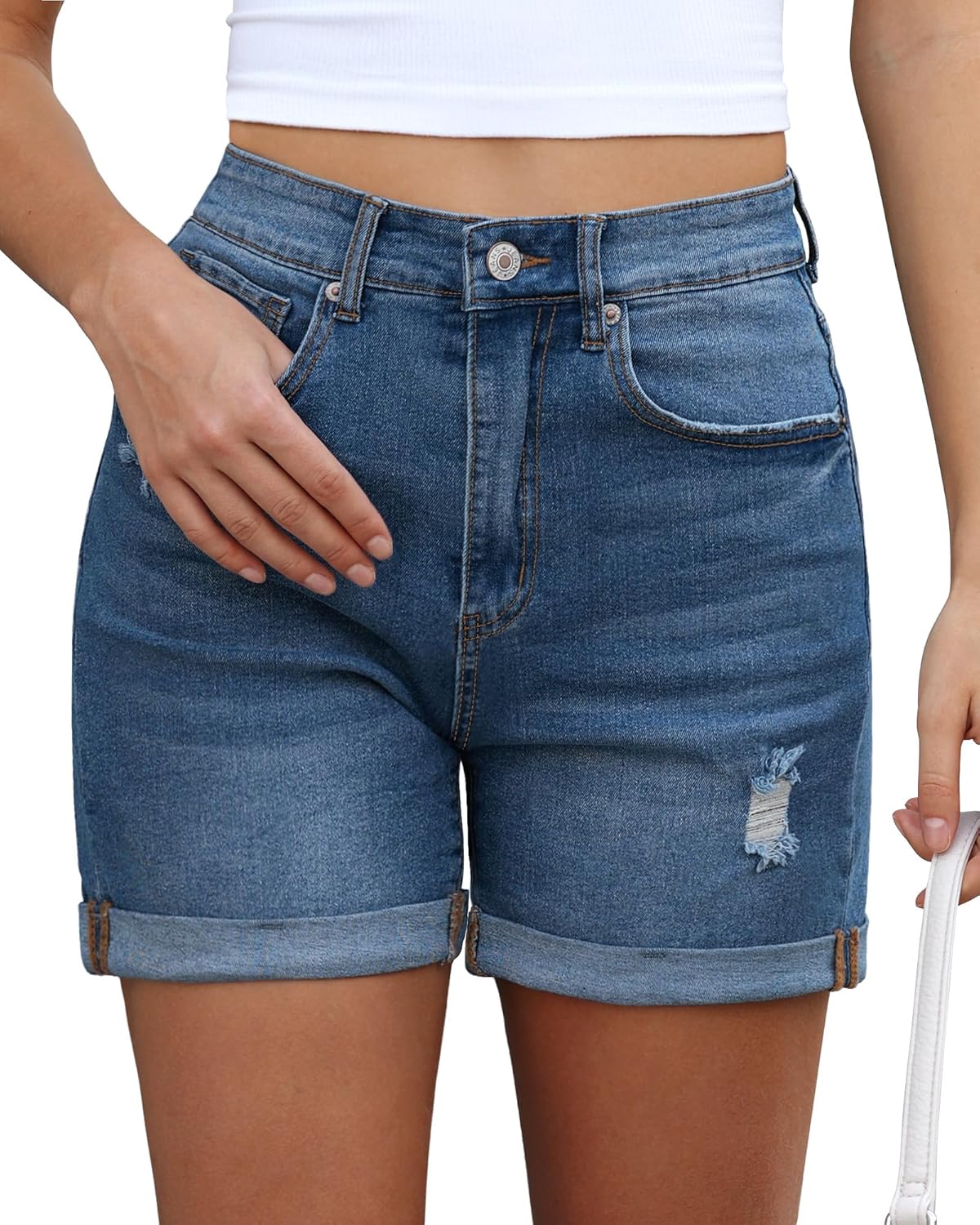 Vetinee Jean Shorts for Women Trendy High Waisted Distressed Ripped Stretchy Denim Shorts Fold Hem Summer Casual Jorts