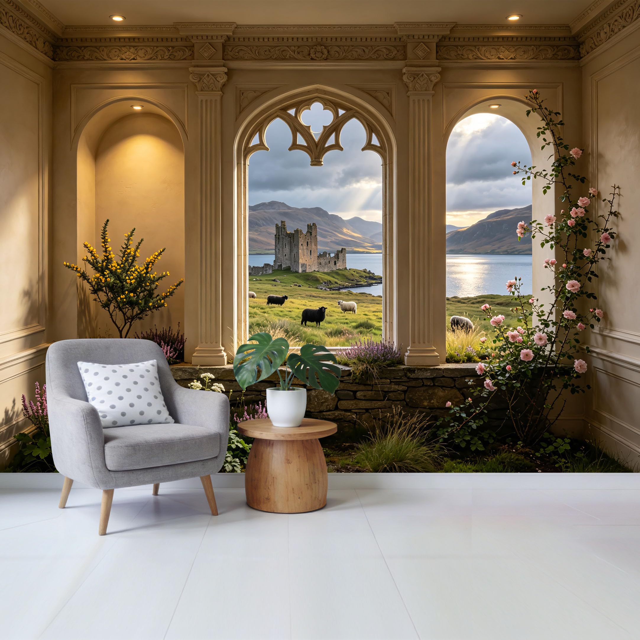 Removable Self Adhesive Fabric Mural， Highland Castle Lake View Custom Size Wall Covering， UV Protected Waterproof Washable Wall Decor for Living Room Bedroom Bathroom