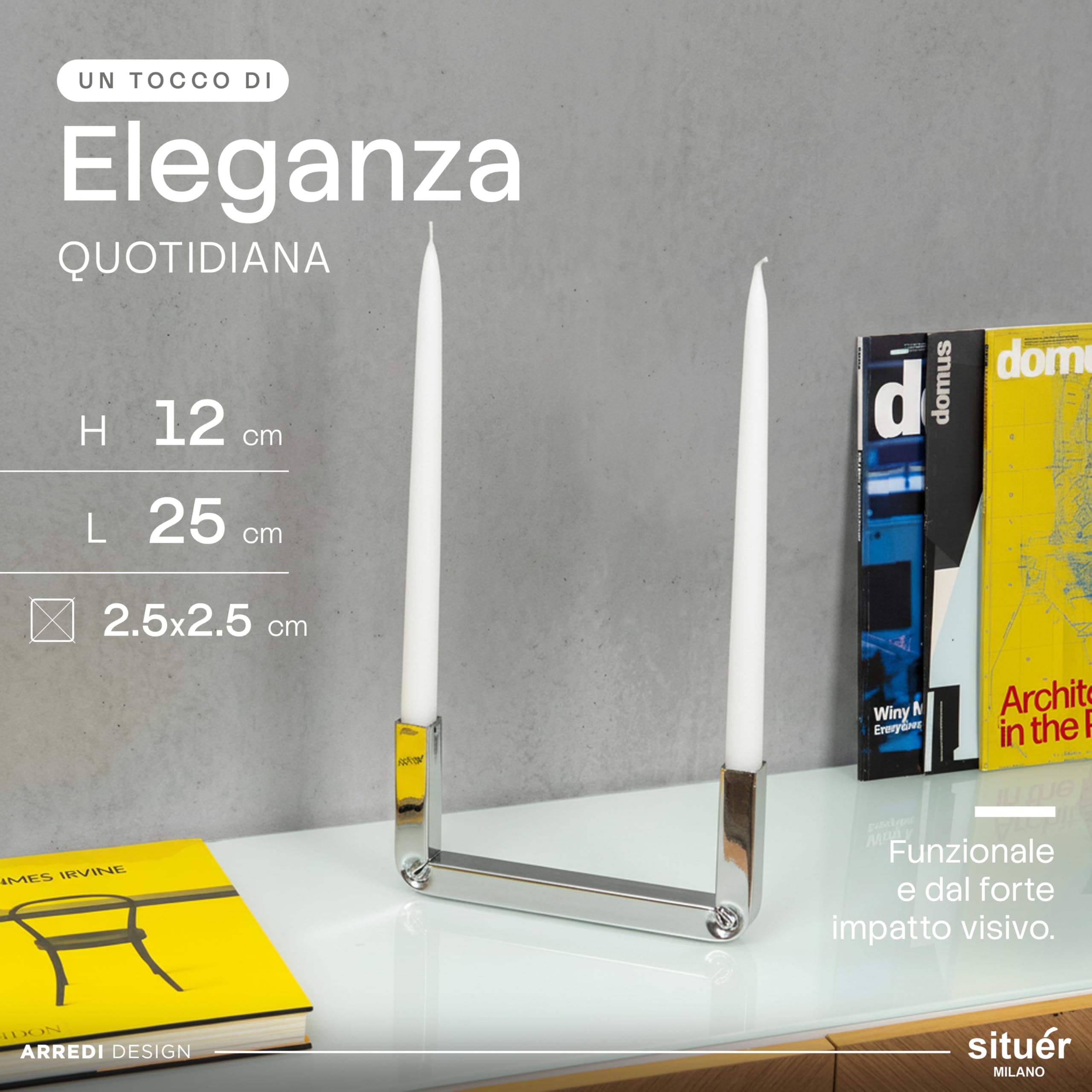 Situér Milano Lumiér Porta Candele da Tavolo 25x12cm di Design in Acciaio Cromato con Piega Brevettata - Candelabro Centrotavola Minimal e Moderno Made in Italy