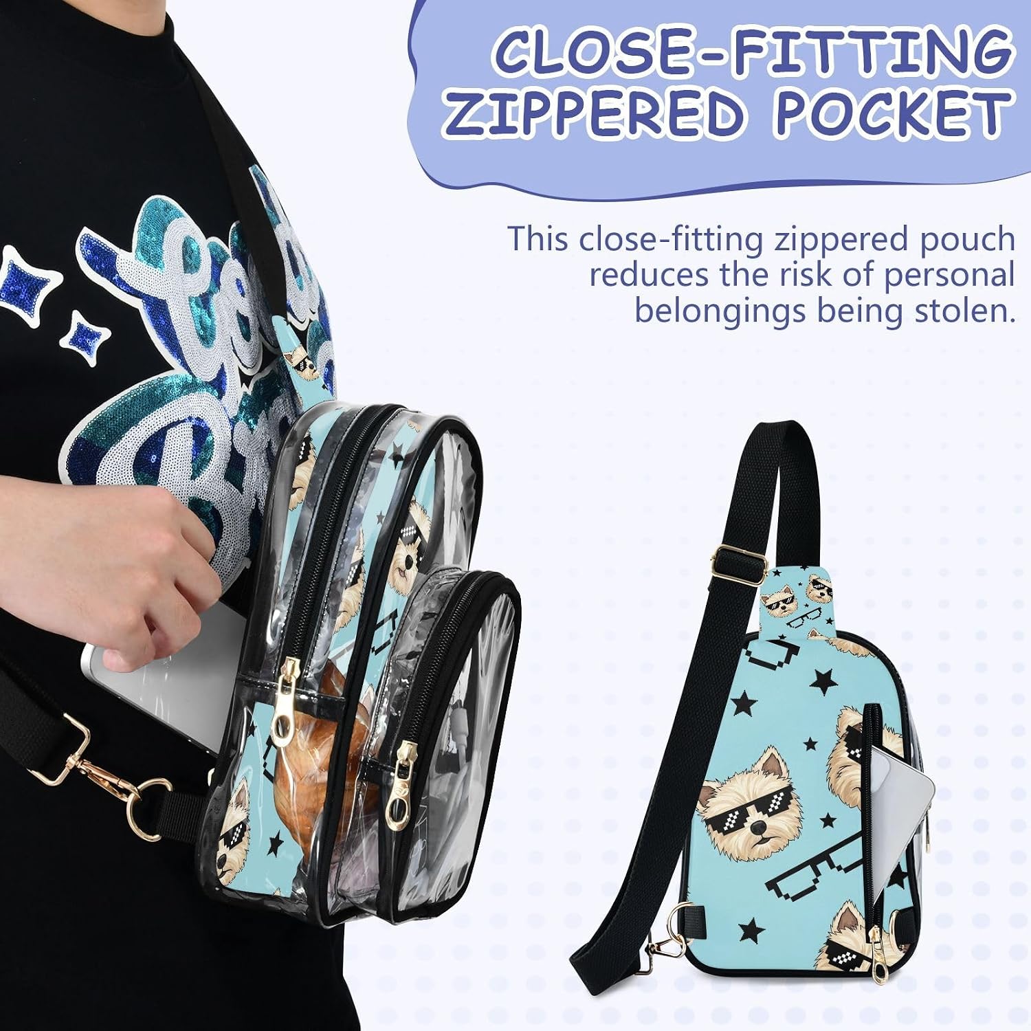 Sinestour Funny Dog Sunglasses Blue print Clear Crossbody Bag Stadium Approved, Small Clear Purse for Women, Transparent See Through Sling Backpack for Sports Events Concerts Travel