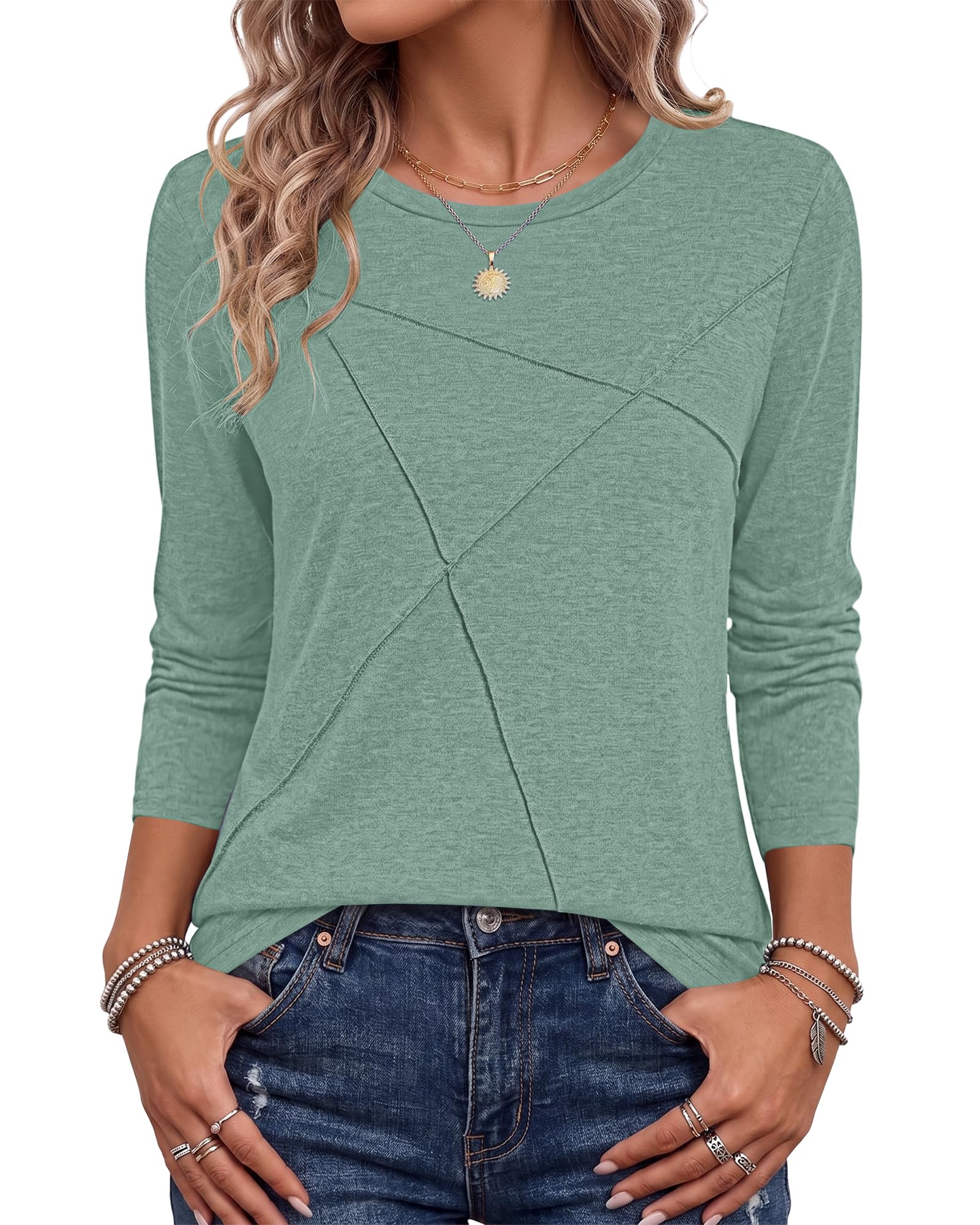 PLOKNRD Damen Langarm T-Shirt Rundhals Falten Leicht Dünne Blusen Herbst | Langarmshirt Elegant Falten Design Oberteile Winter Dünn Sweatshirt Pullover Tops Freizeit Sport Boho Klassisch Urlaub Party