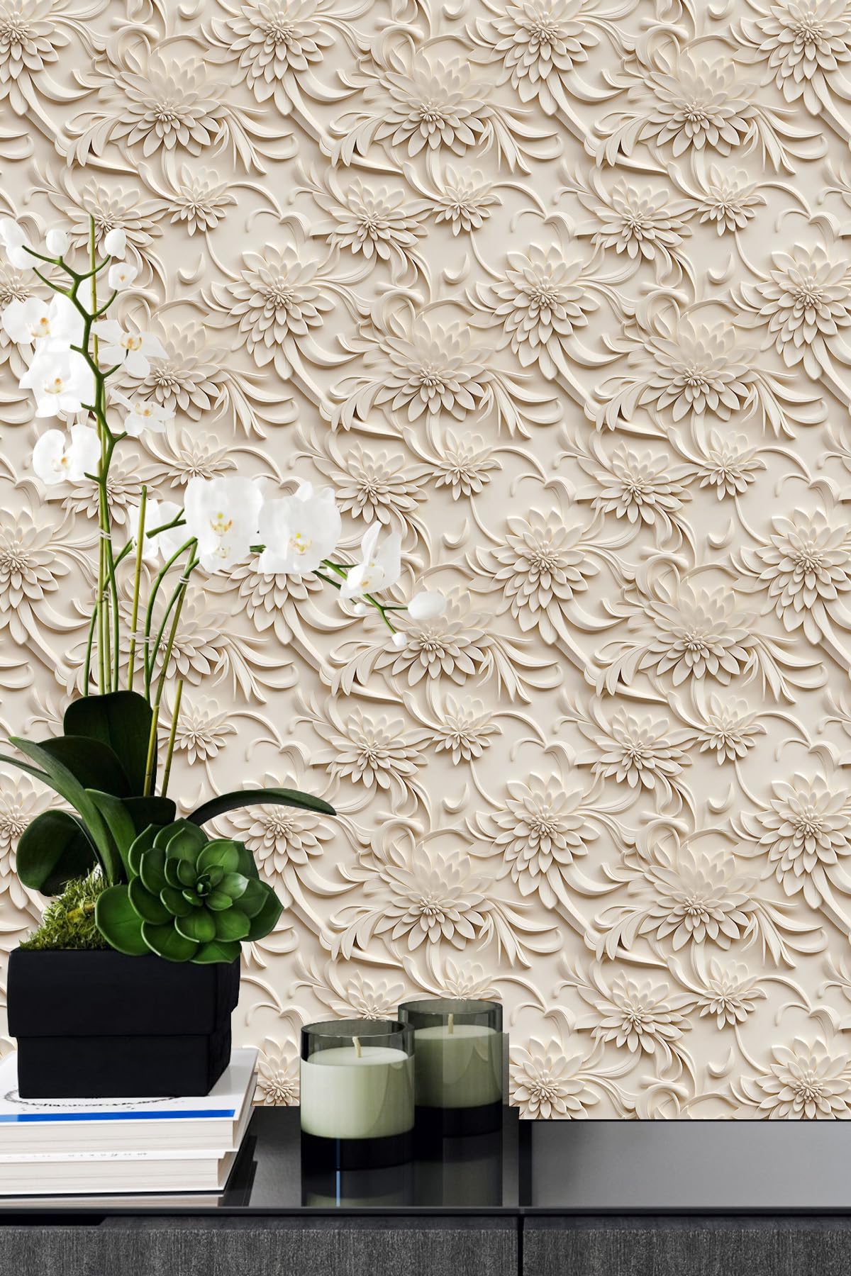 Papier peint 3D floral marron nude revêtement adhésif mural amovible locataire 45cm