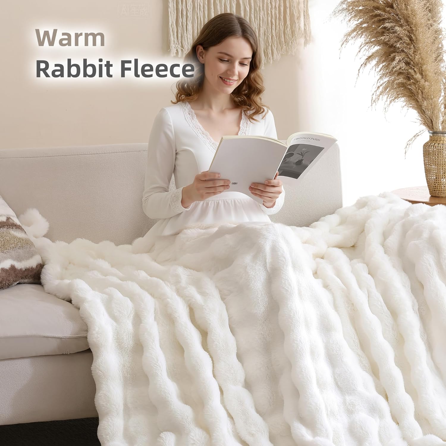 Smoofy Faux Fur Throw Blanket for Couch – Cream White Fluffy Cozy Rabbit Fleece, Plush Soft Bubble Blanket for Sofa & Bed, for Mom, Warm Fuzzy Home Room Decor Throw 60" x 80" - Image 5