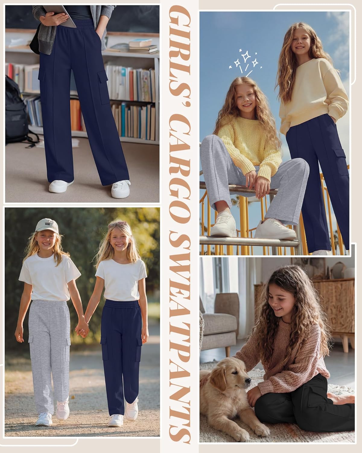 3 Pack Girls Wide Leg Sweatpants Cargo Pants High Waisted Baggy Causal Loose Kids Elastic Waistband Pants Joggers - Image 2