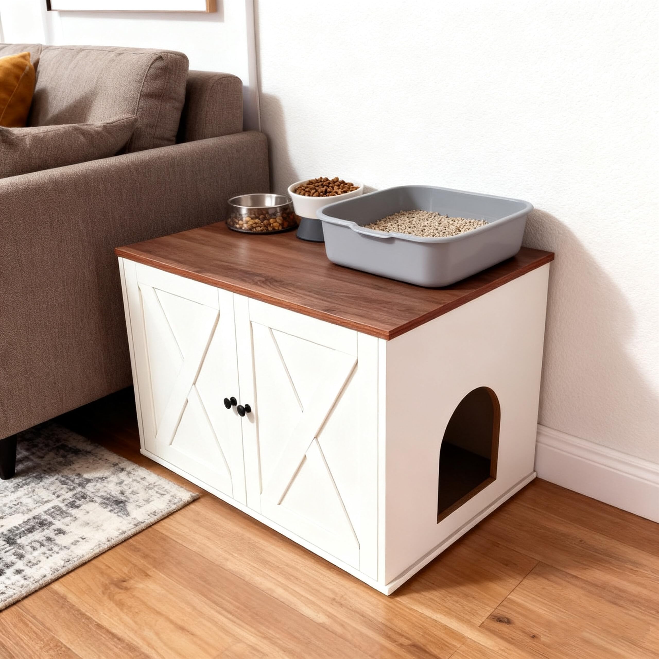 Relaxdays Armoire pour Chat avec cloison Amovible, entrée latérale, Blanc-Marron, 50x80x53 cm