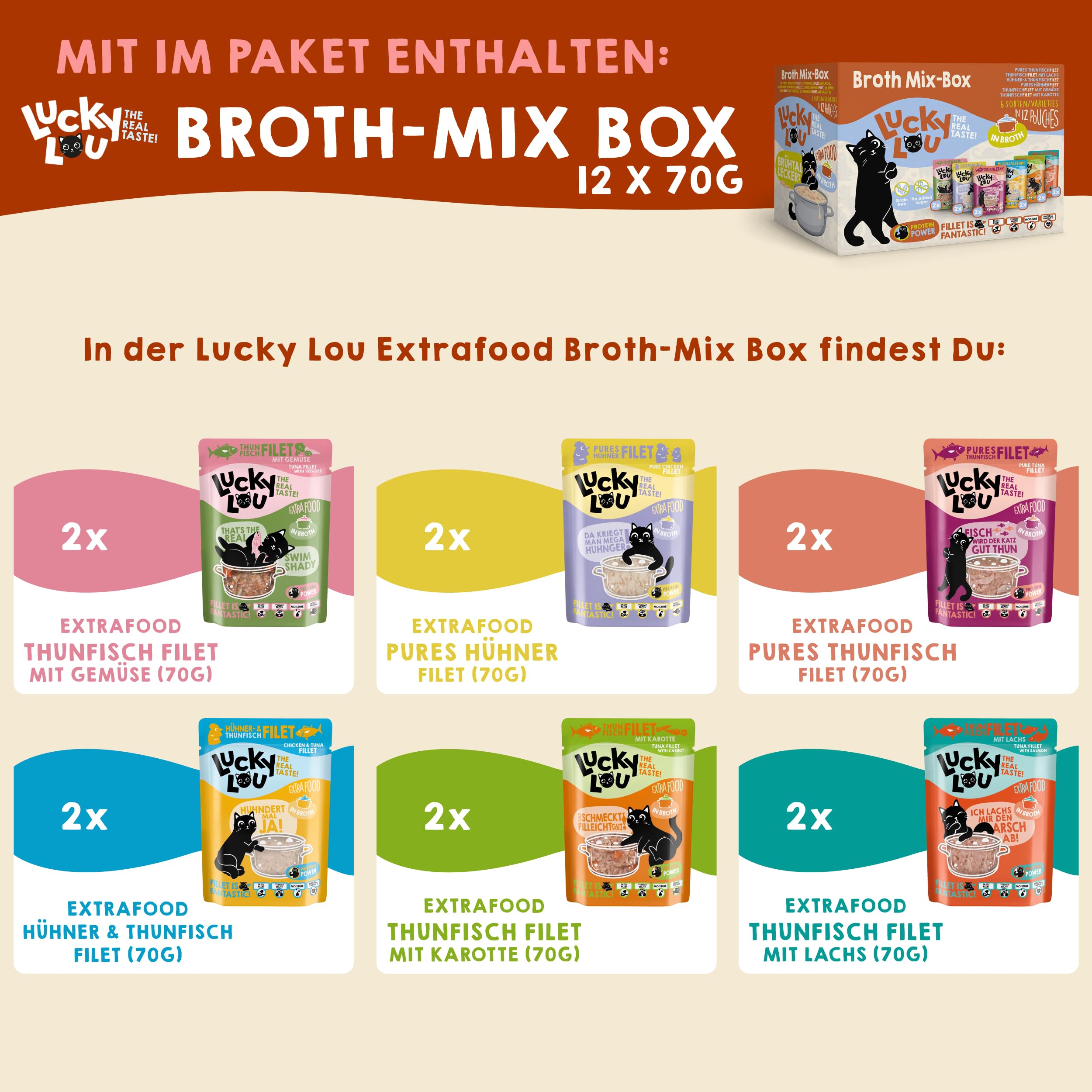 Lucky Lou Probier-Paket mit Katzenfutter nass und trocken & Katzen-Leckerlis in verschiedenen Sorten - Katzen-Leckerlie, Nassfutter & Trockenfutter ohne Getreide & Zucker im Mix
