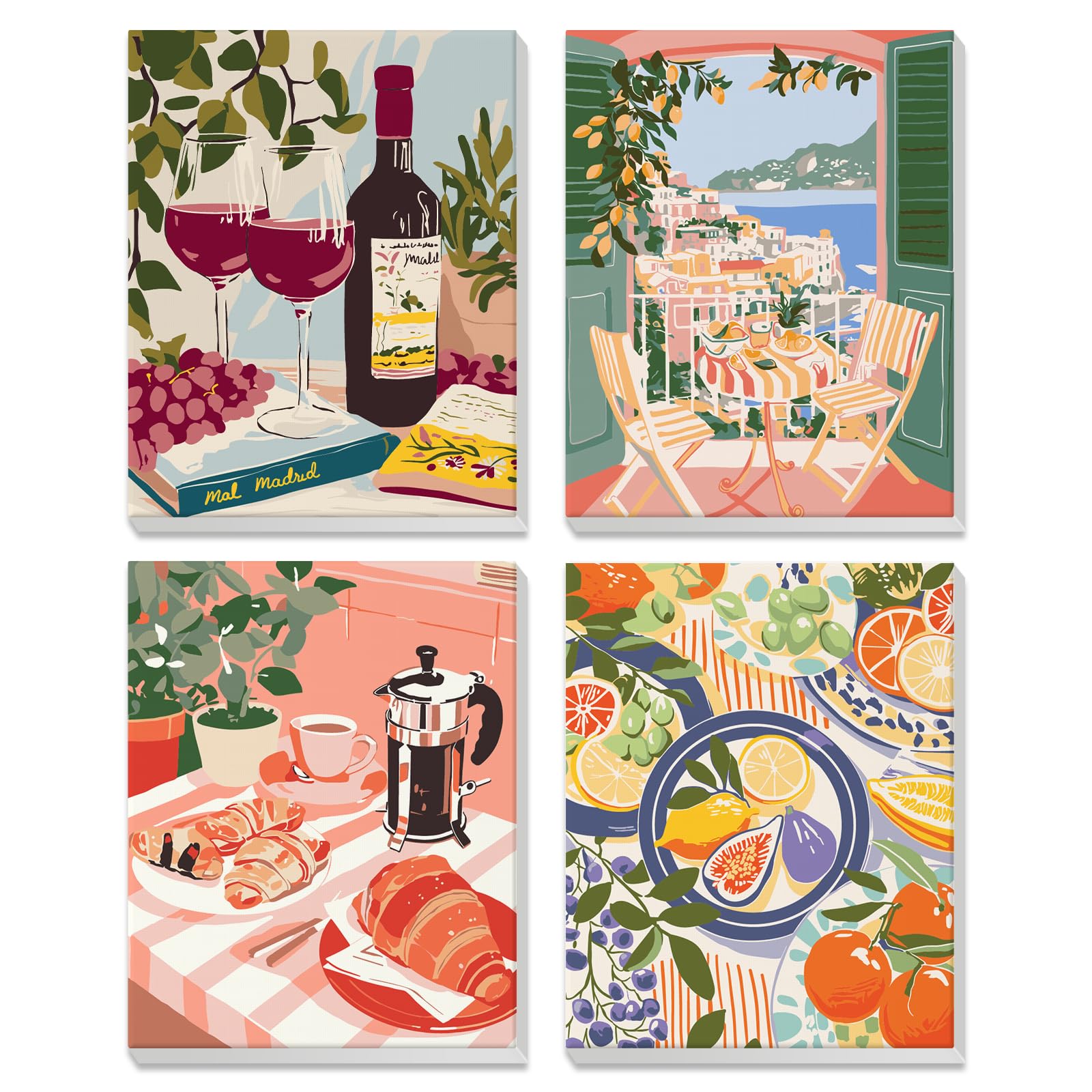 DAERLE 4 Pack Paint by Numbers for Adults Children with Wooden Frame, Kitchen Bar, Kitchen Food, DIY Paint by Number for Kids Ages 4-8-12, Landscape, Easy Kids Paint for Home Wall Decor 20X25 cm
