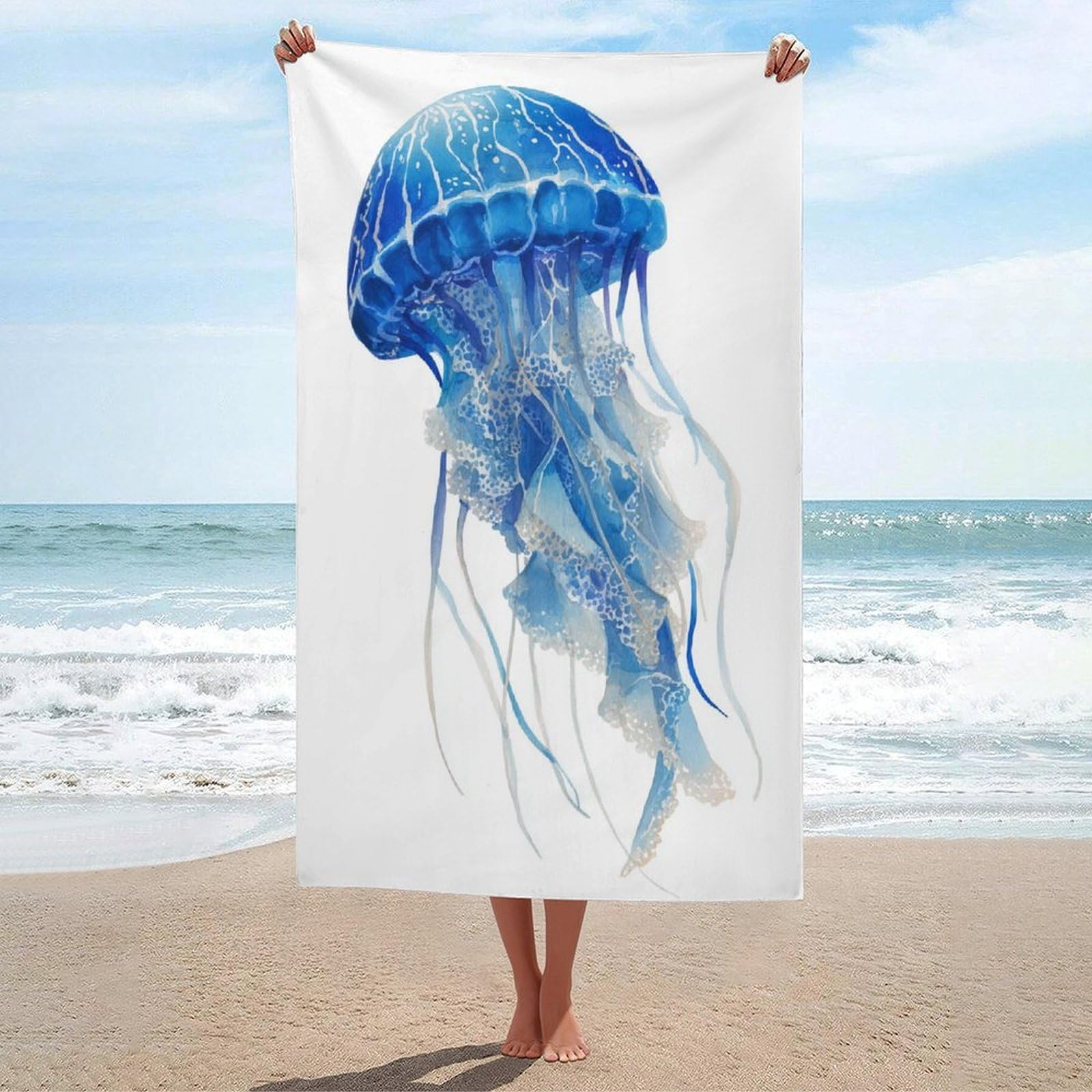 LSRCPD Watercolor Blue Jellyfish Beach Towel Sand Free Microfiber Large Shower Towels Multipurpose Absorbent for Bathroom Pool 130x80 CM