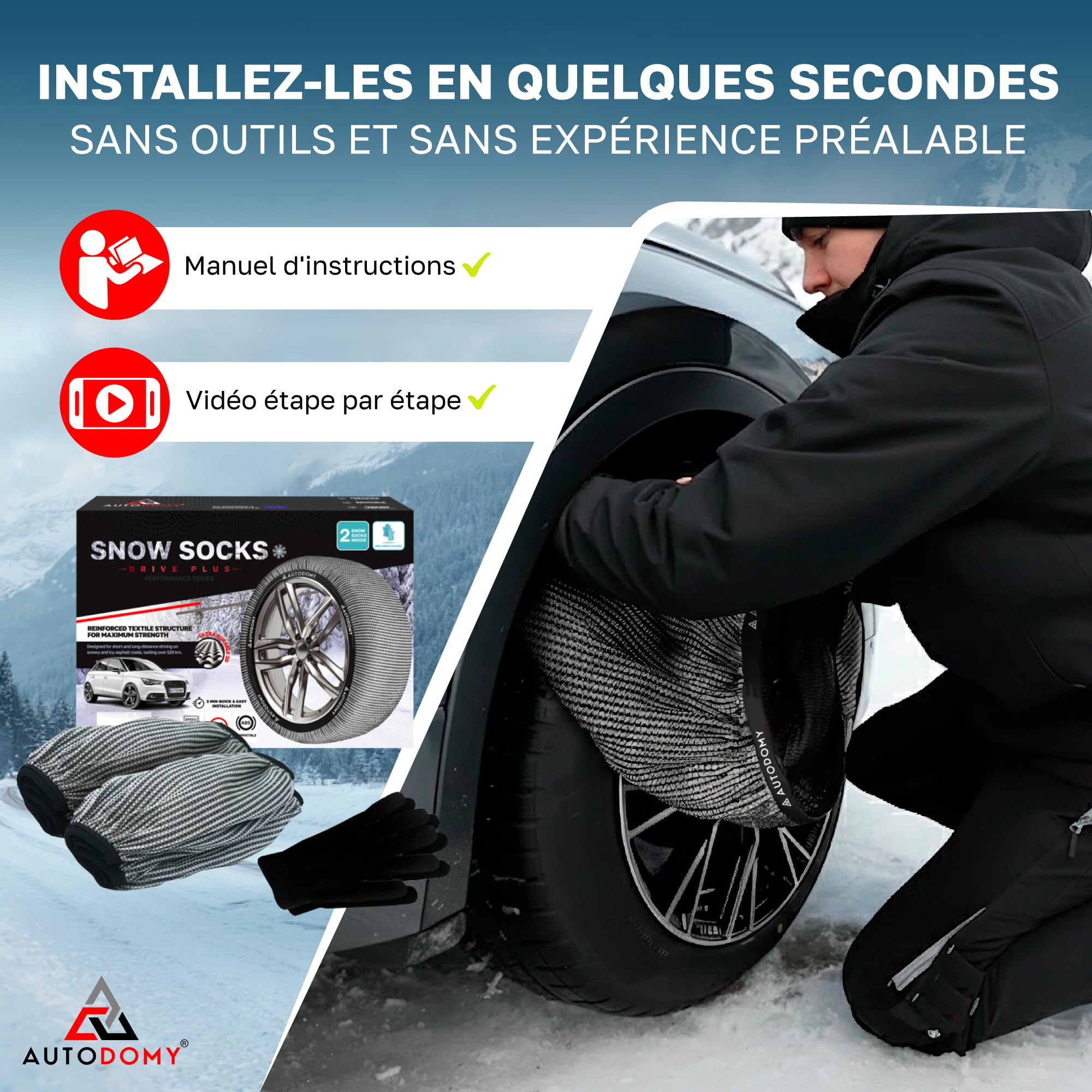 Autodomy Chaussette Pneu Neige Taille XL Compatibles avec Tous Les Pneus | Chaussettes Neige Voiture Homologuées | Chaussettes a Neige Pneus Faciles et Rapides à Installer Lot de 2