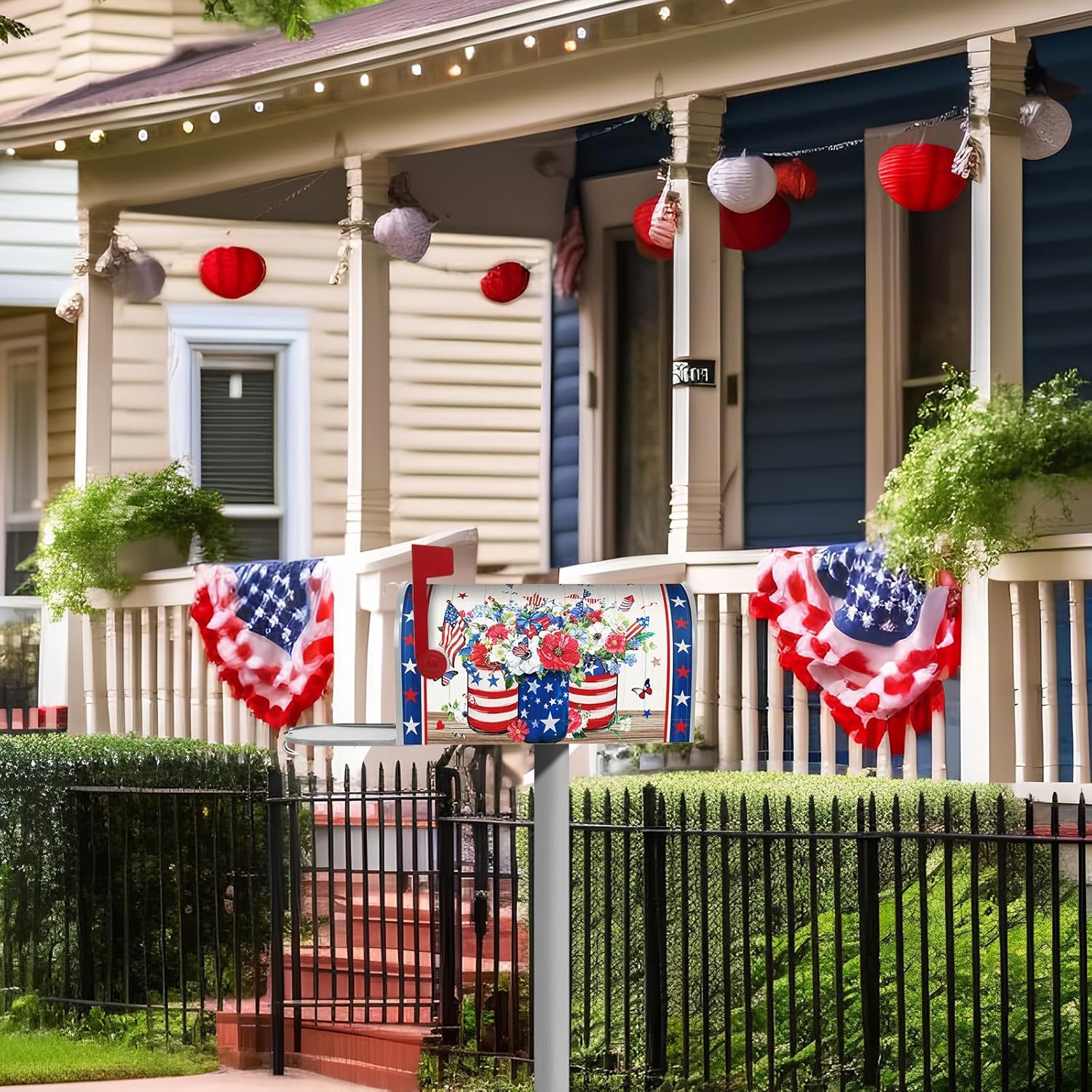 Blosssound 4th of July Mailbox Cover Magnetic Standard Size 18 x 21 Inch Patriotic 250th Magnetic Mailbox Wraps Independence Day American Flag Post Cover for Garden Yard(Flower)