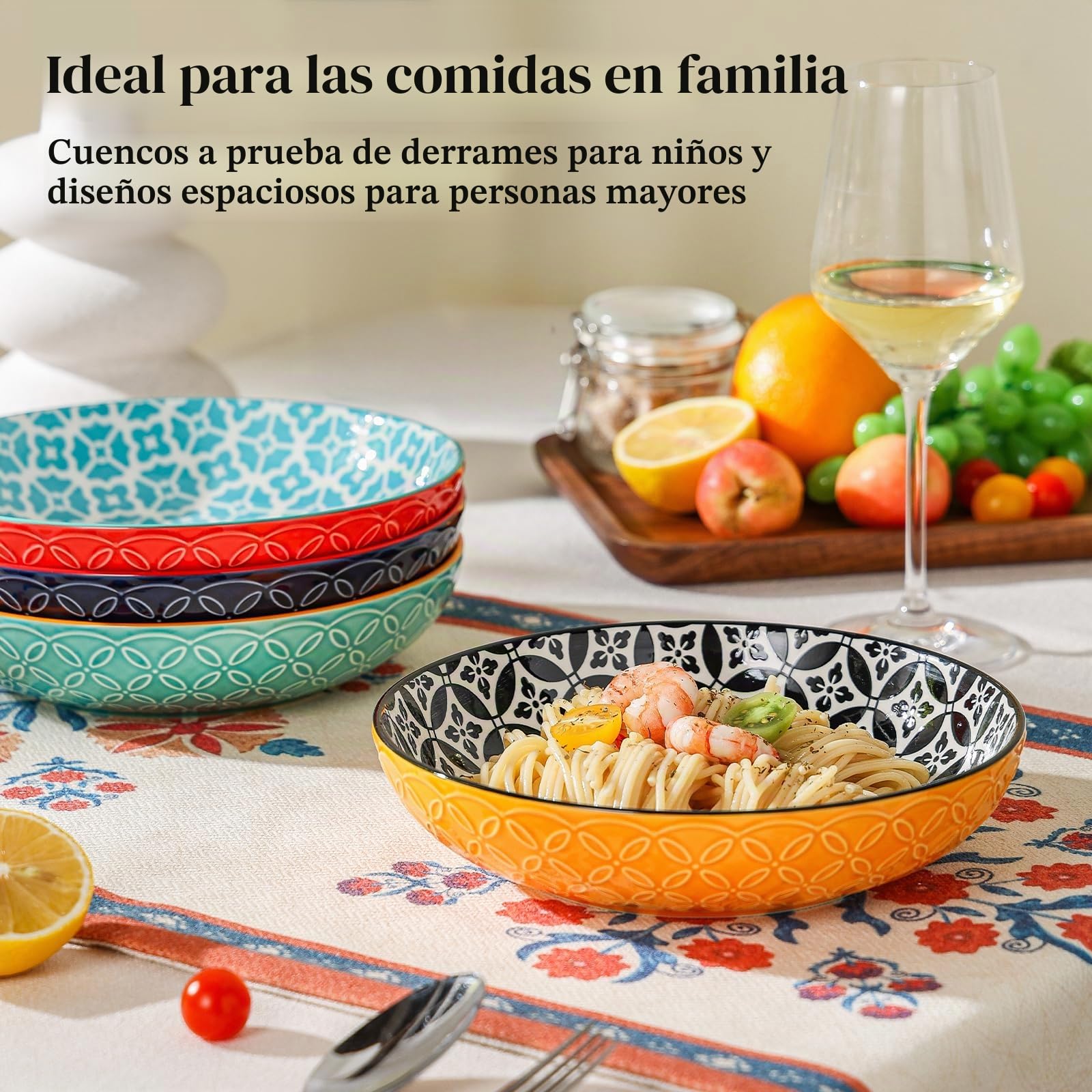 DOWAN Set de 4 Cuenco de Pasta, Ø 21.5cm Ensaladera Grande de Cerámica, Platos Hondos para Pasta, Ensalada, Paella, Fruta, Sopas, Puchero, Apto para Micriooda y lavavajillas, Color Vibrante