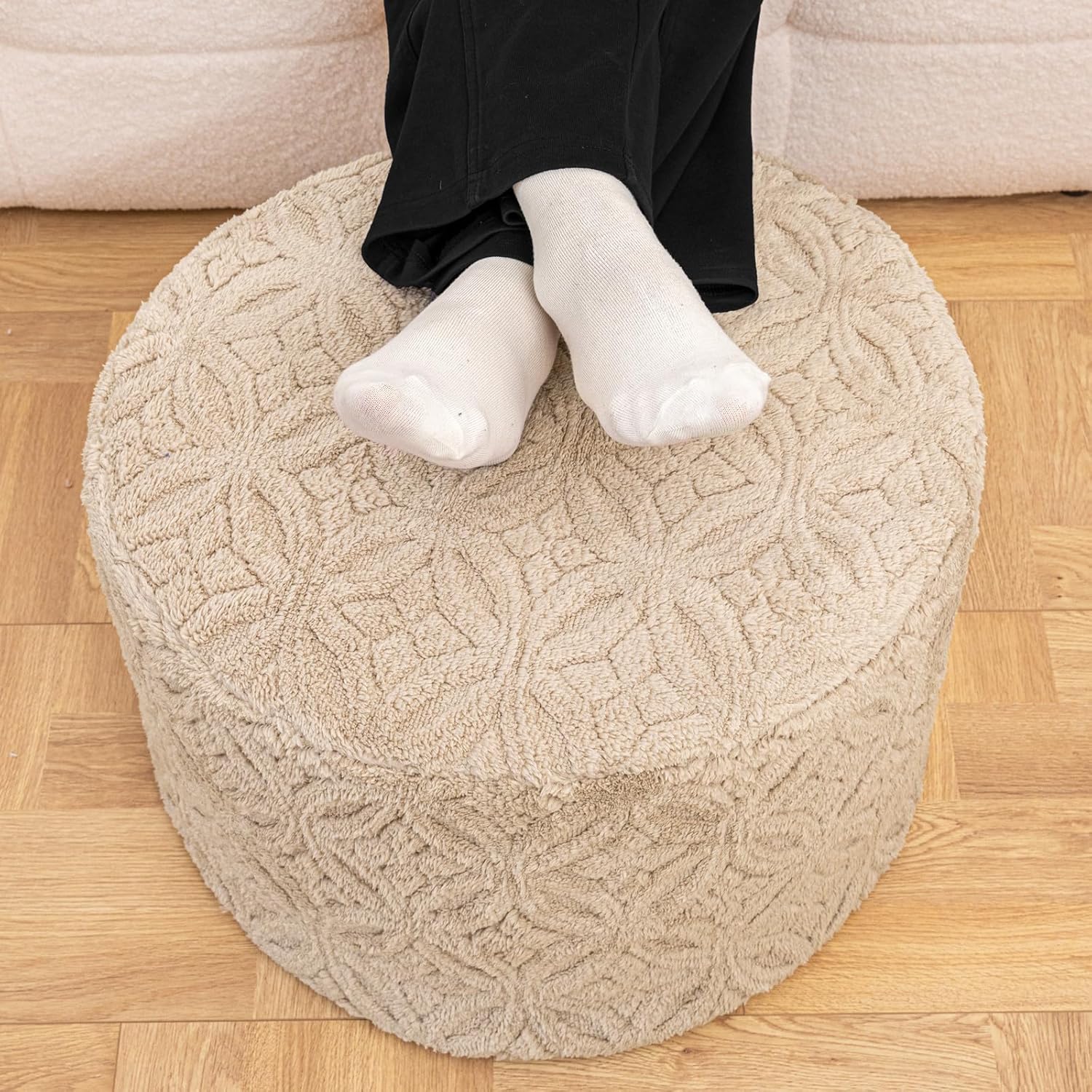 Plush Multi-Functional Ottoman Pouf – Ergonomic Ottoman Foot Rest with Space-Saving Design, Perfect Under Desks, Couches & Sofas (Light Coffee)