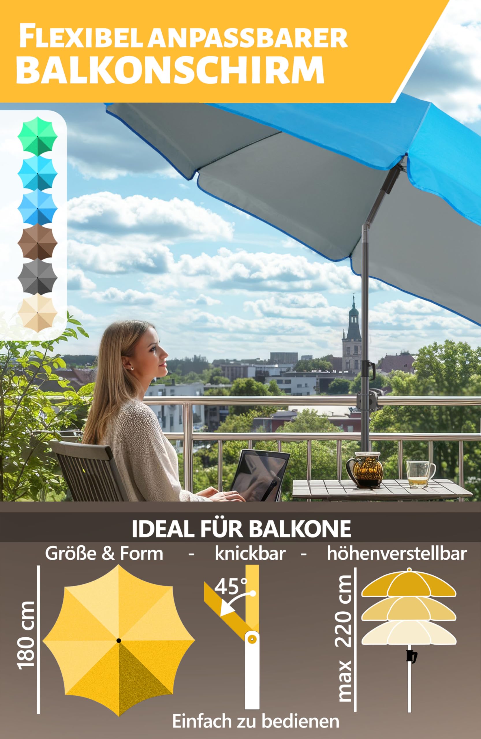 Menz 3-in-1 Balkon-Sonnenschirm Set – 180 Cm, UPF 50+, Höhenverstellbar Mit Halter & Hülle, Blau