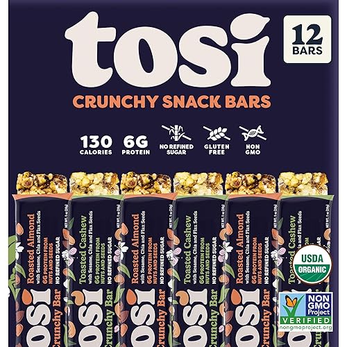 Vista 6 de Tosi Combo de barras de proteína de cacahuete de anacardo y coco y chocolate oscuro, a base de plantas con nueces, aperitivos crujientes sin gluten