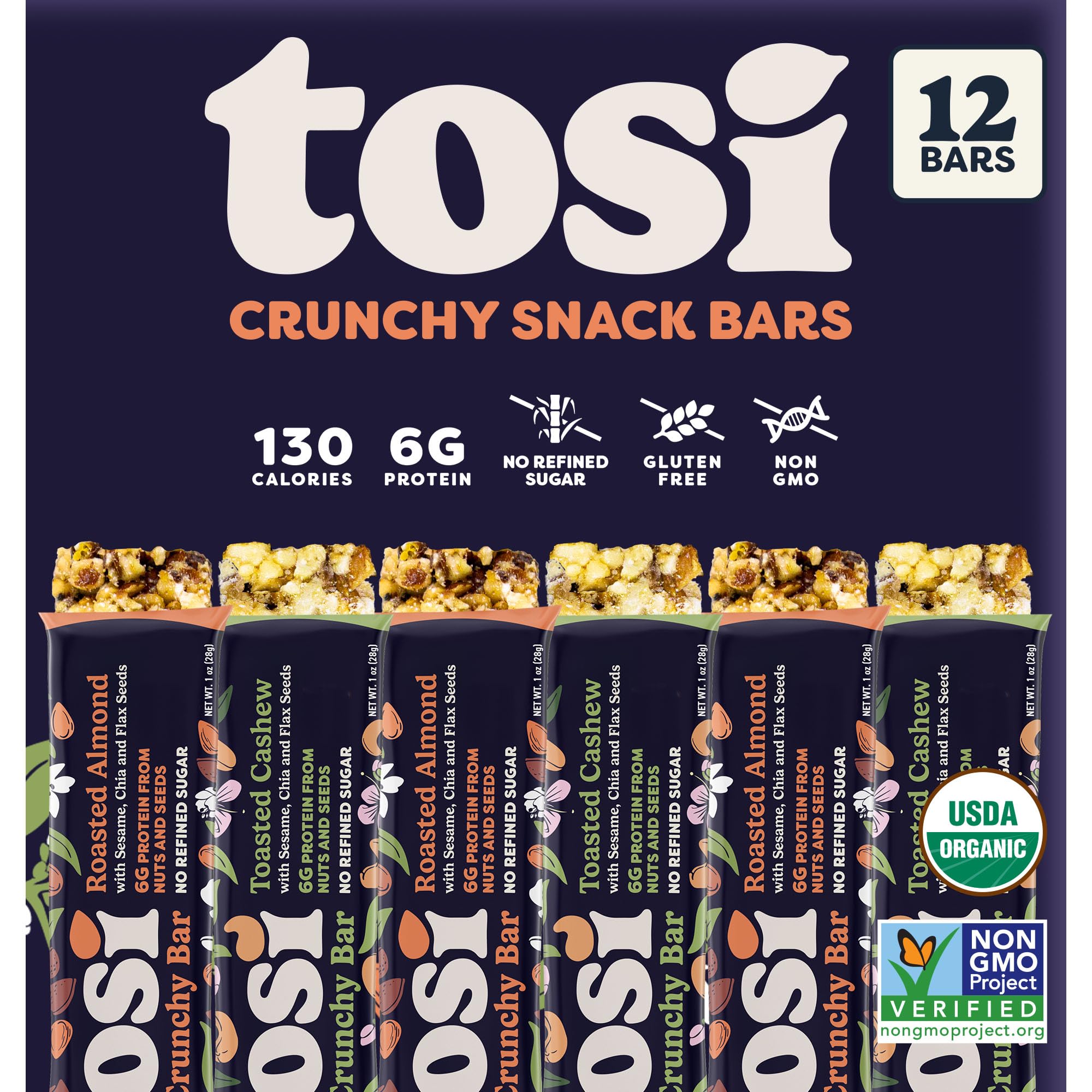 Tosi Almond and Cashew Protein Bars Combo, Plant Based with Nuts, Gluten-Free Crunchy Snacks, Vegan, Organic, Flax & Chia Seeds, Soy-Free, Omega 3s, 5G Protein, 1 oz, 12-Pack