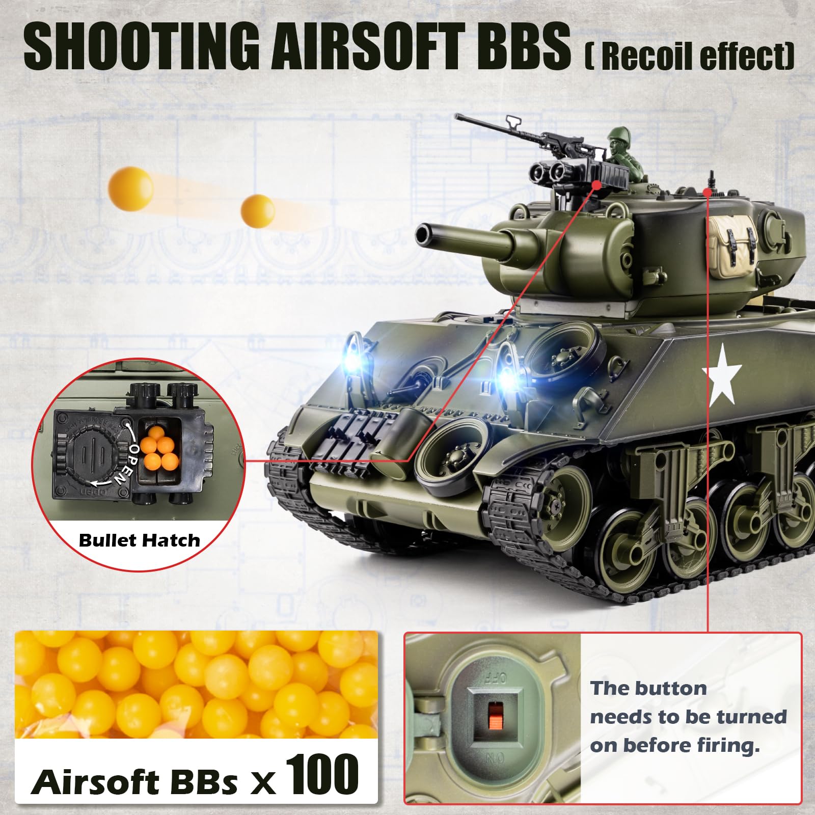 Supdex Tanque RC 1:18, modelo de control remoto de metal US M4A3 Sherman